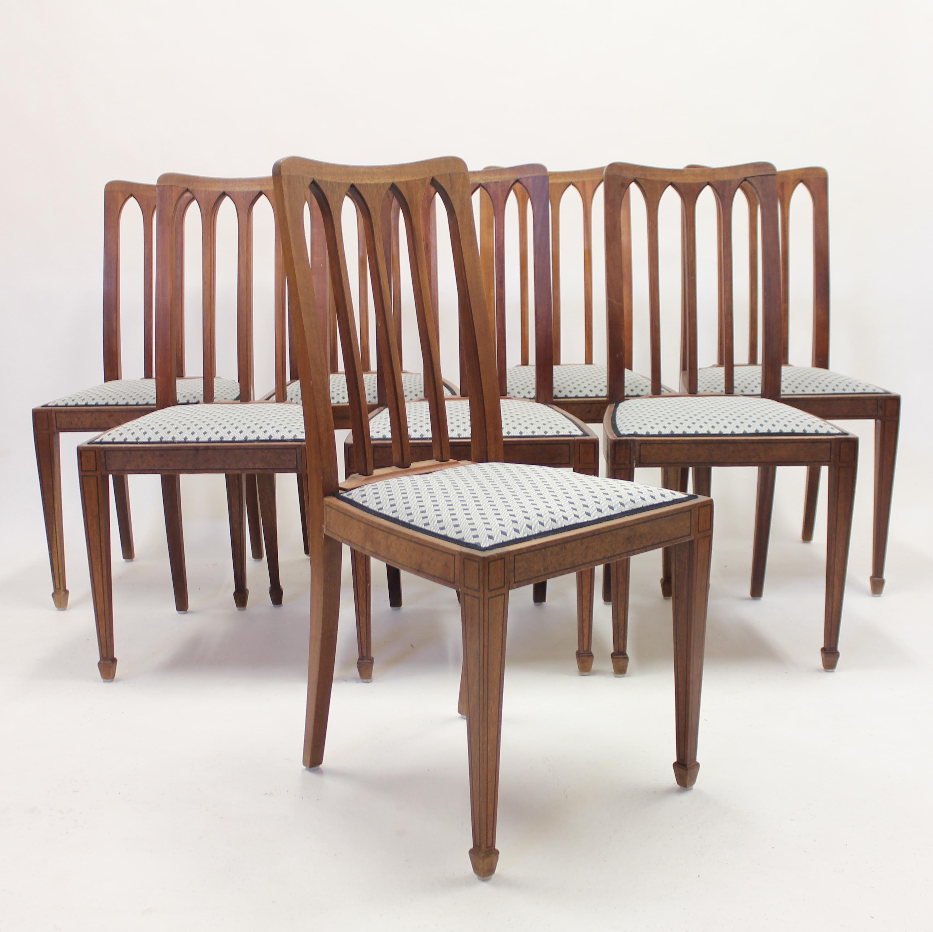 Fabric Set of 8 Oak Architectural Arts & Crafts Chairs, Early 20th Century