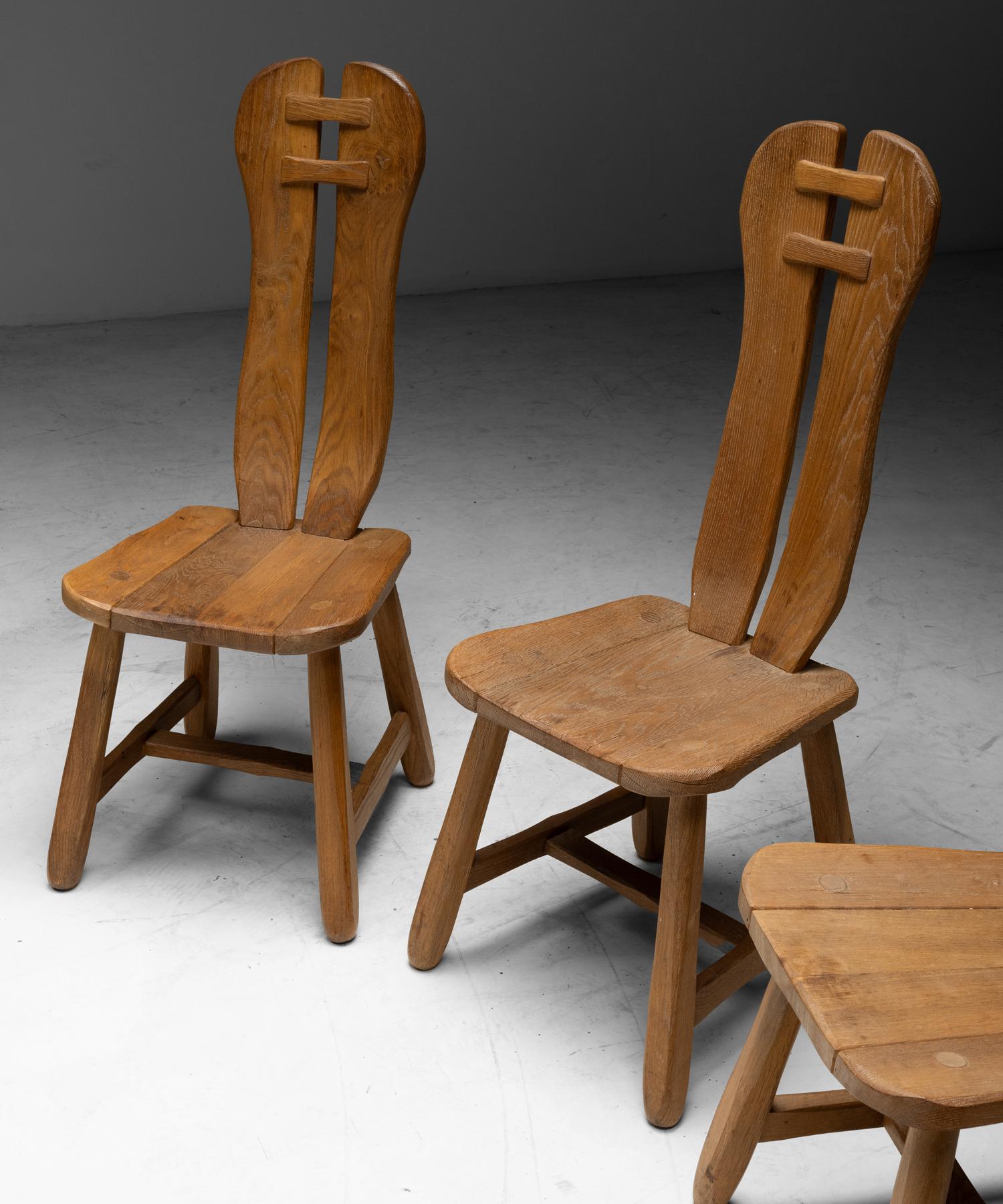 Belgium, 1970
Set of 8 oak dining chairs designed by Kunstmeubelen De Puydt.
16.5”w x 17”d x 44”h x 18” seat
Ref. CHAIR1282
$ 9,200 ( set of 8 )