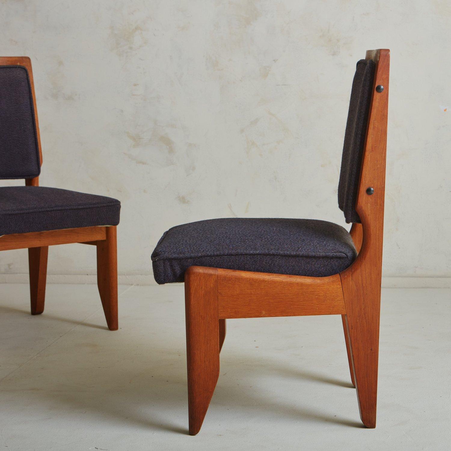 Textile Set of 8 Oak Frame Dining Chairs by Guillerme Et Chambron, France, 1950s