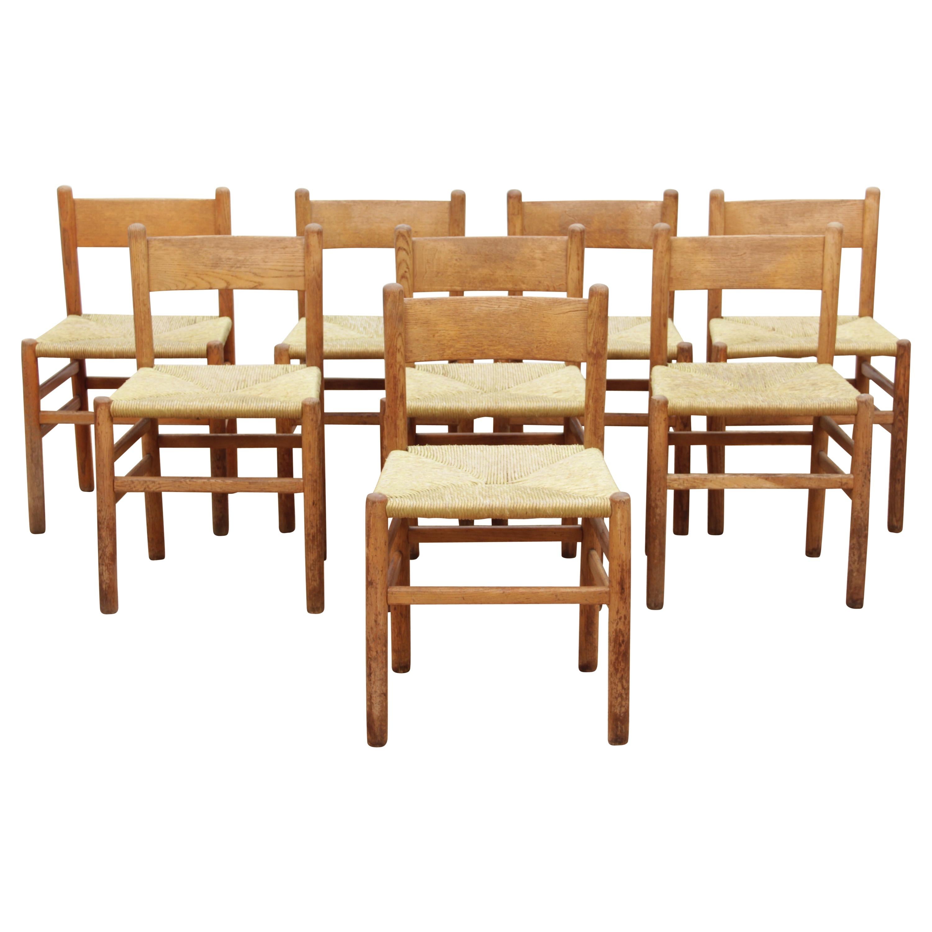 Set of 8 Oak and Rush Dining Chairs by Johan Van Heuvel for Ad Vorm, 1960s