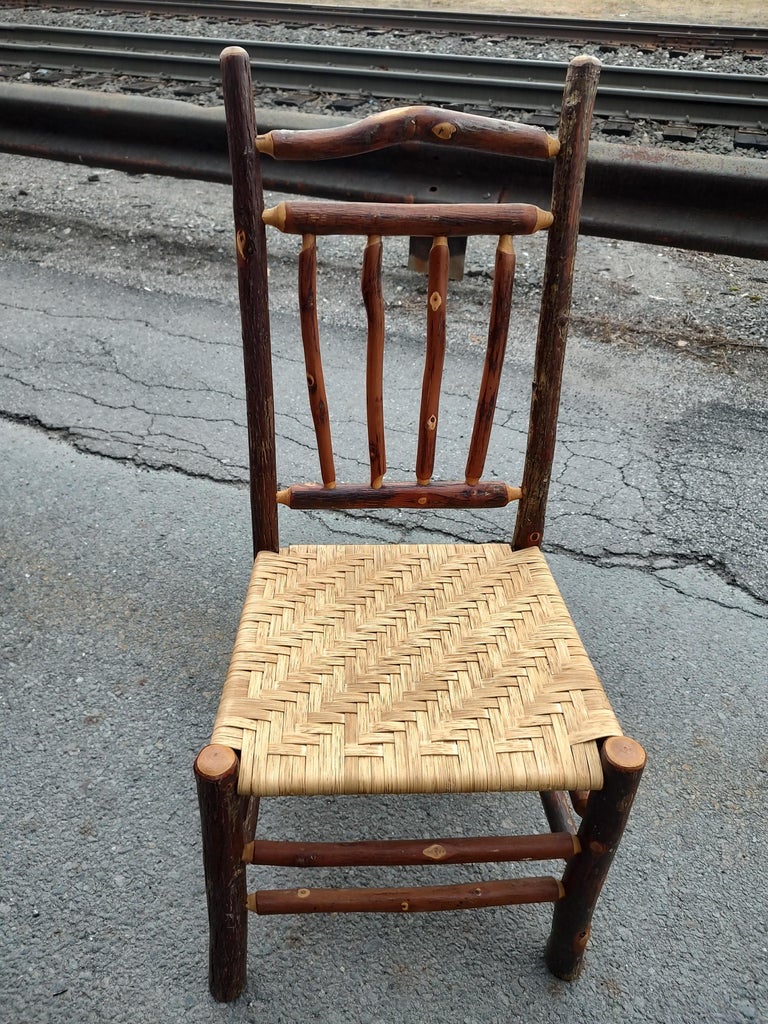 Set of 8 Old Hickory Style Adirondack Dining Chairs with Woven Seats and Cushions For Sale at