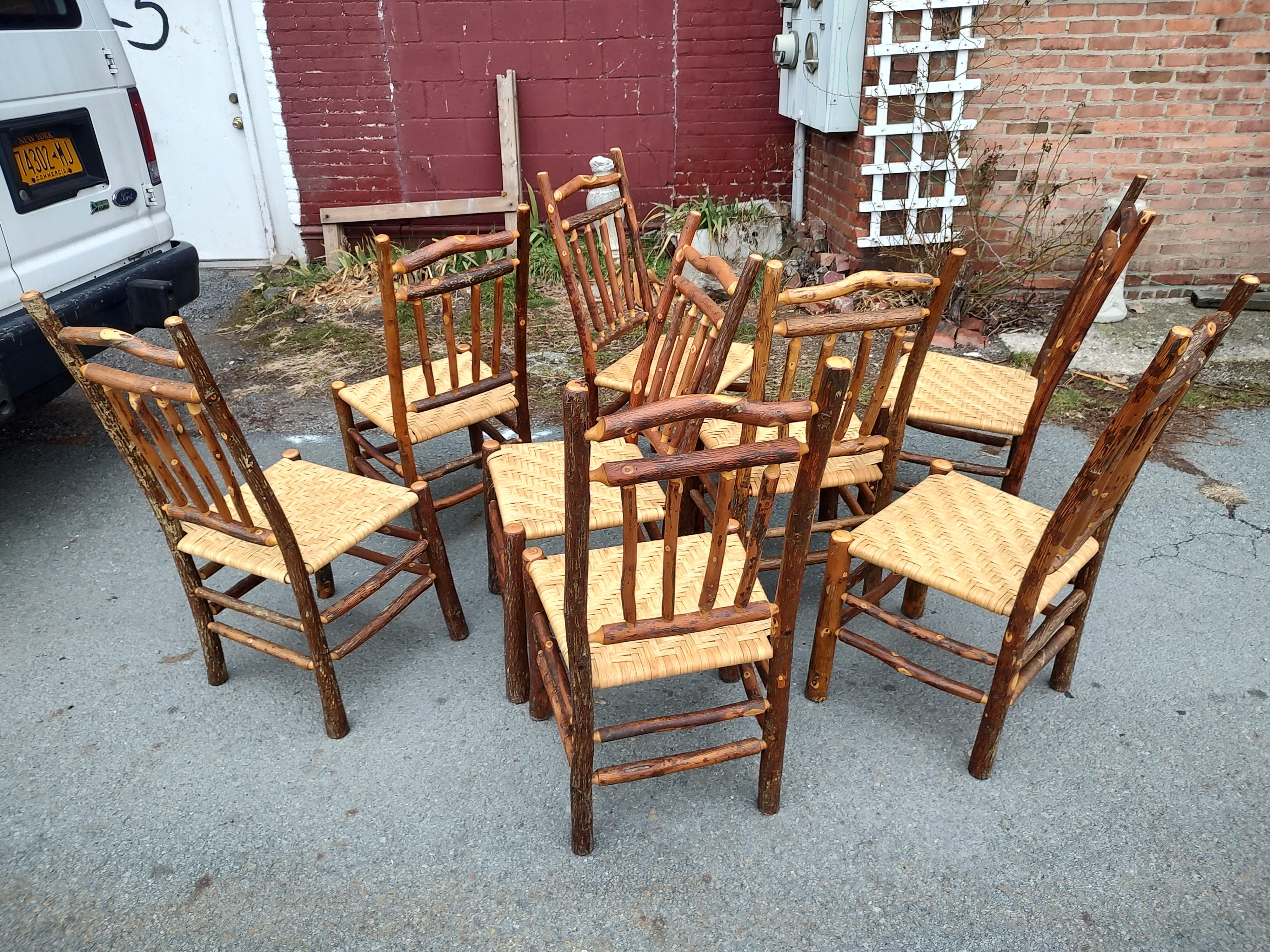 Hand-Carved Set of 8 Old Hickory Style Adirondack Dining Chairs with Woven Seats & Cushions