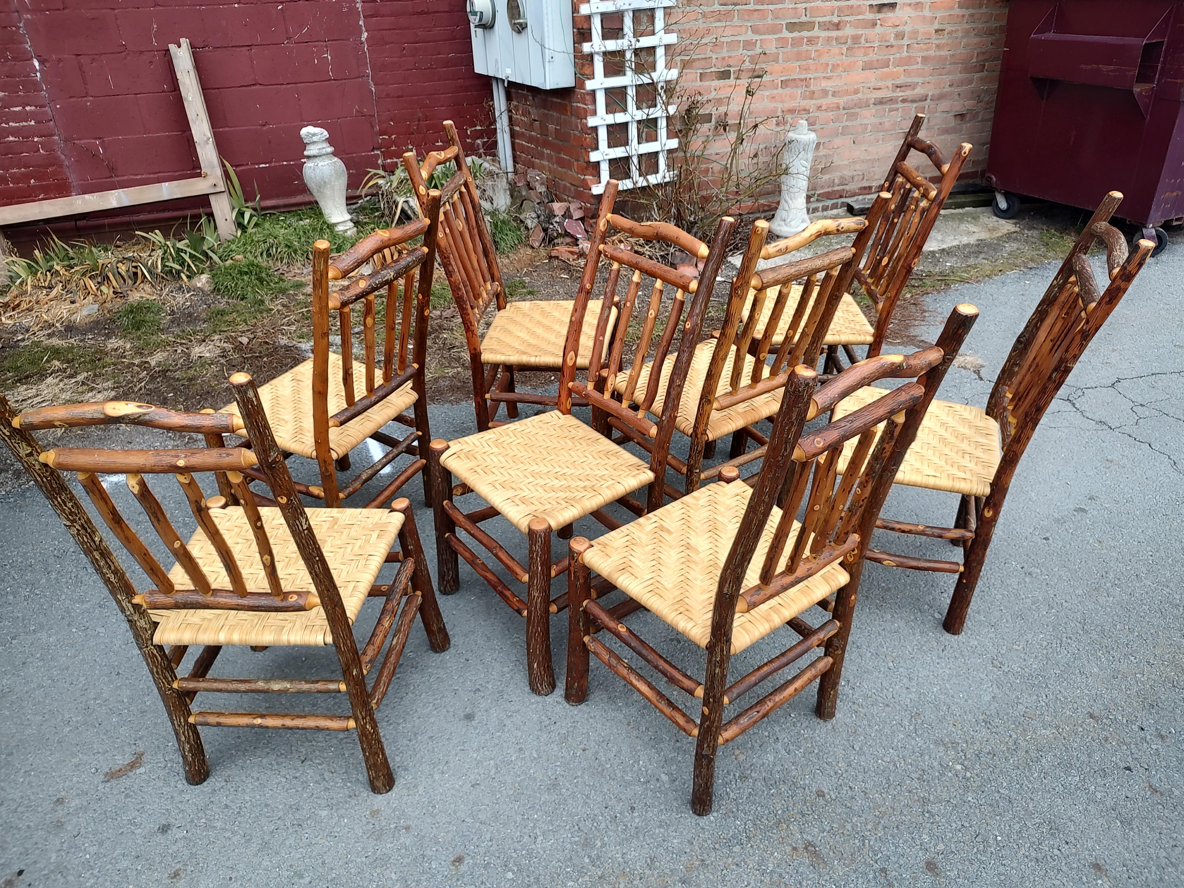Set of 8 Old Hickory Style Adirondack Dining Chairs with Woven Seats & Cushions In Good Condition In Port Jervis, NY