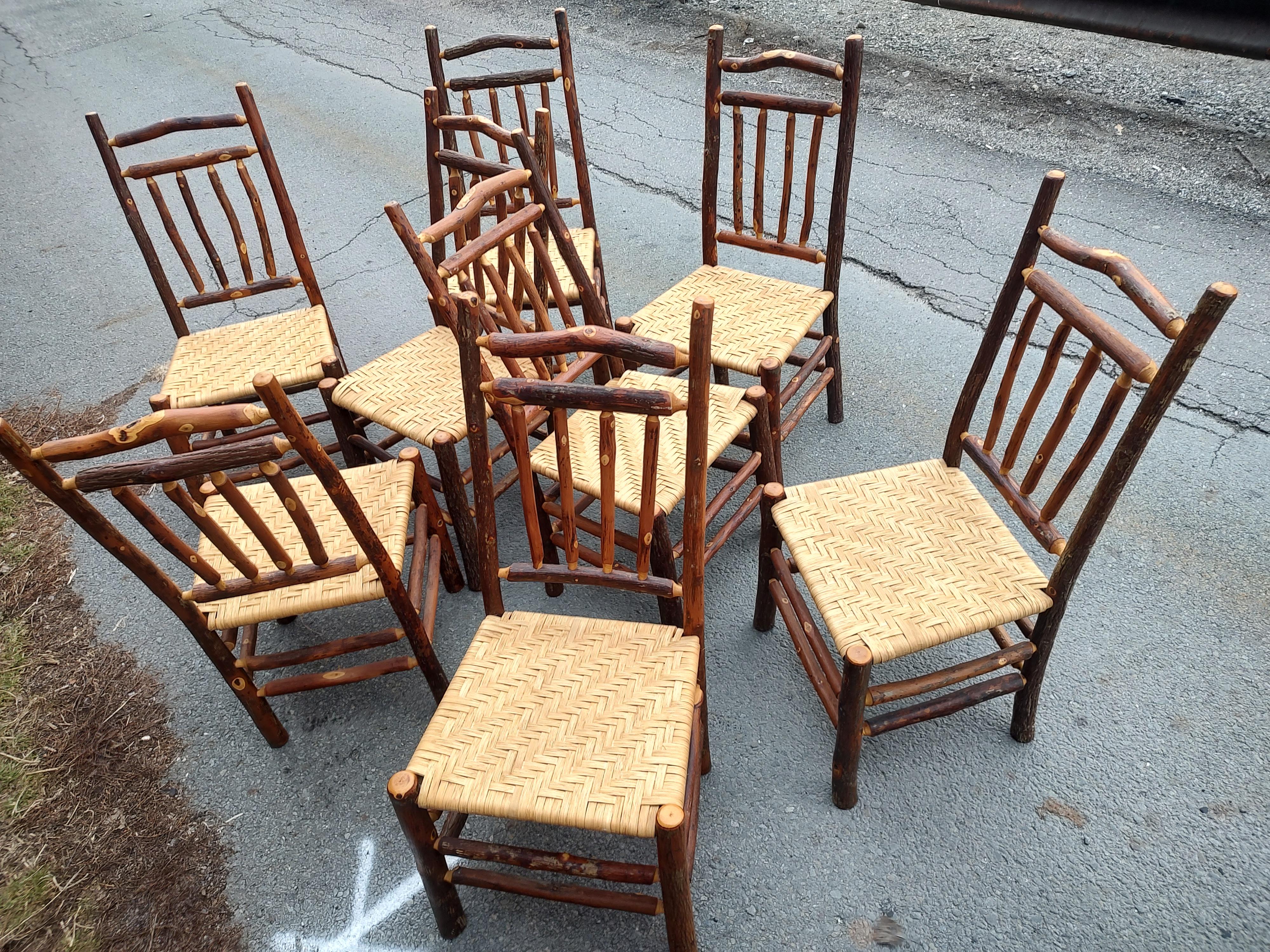 Late 20th Century Set of 8 Old Hickory Style Adirondack Dining Chairs with Woven Seats & Cushions