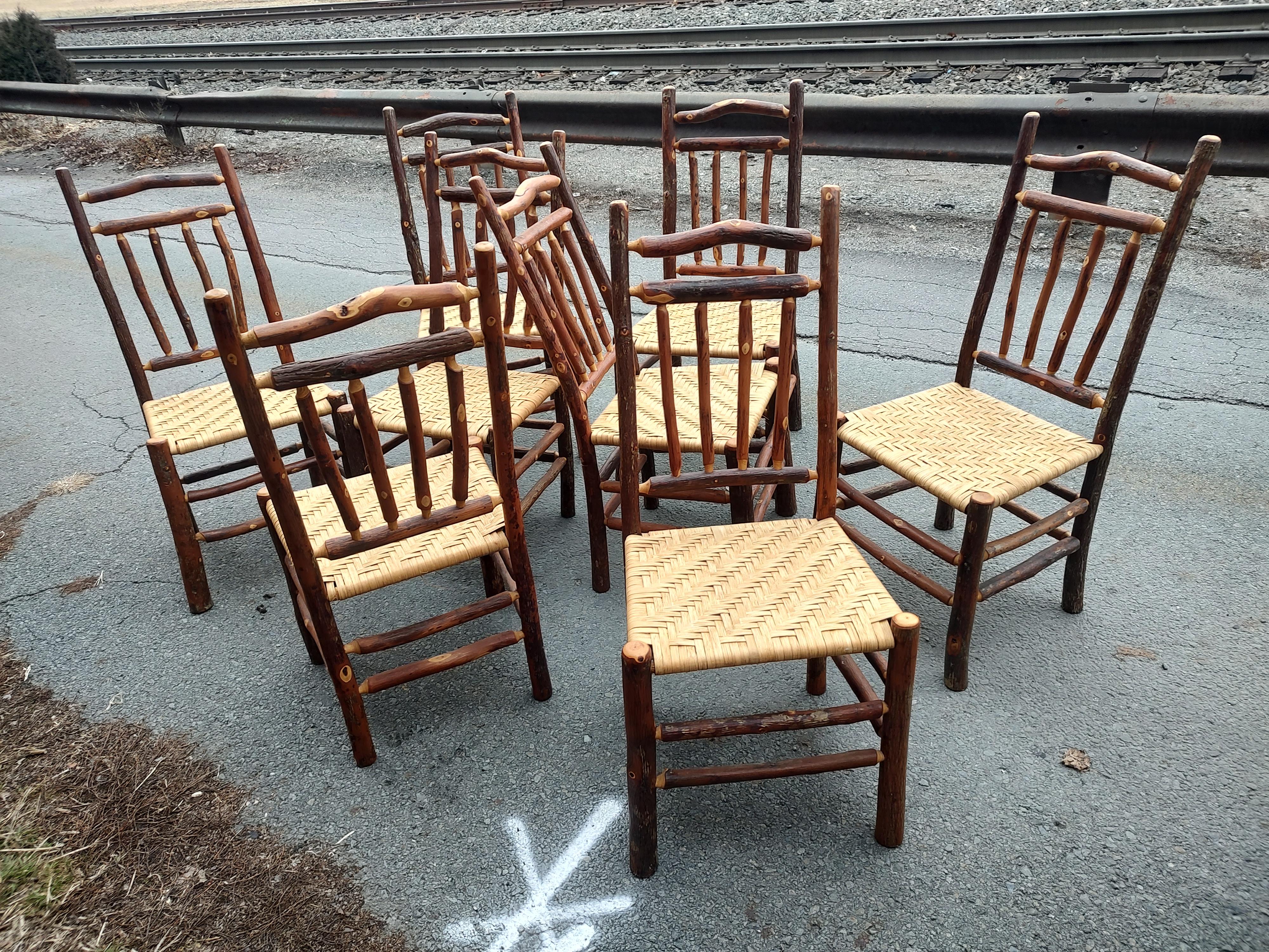 Leather Set of 8 Old Hickory Style Adirondack Dining Chairs with Woven Seats & Cushions