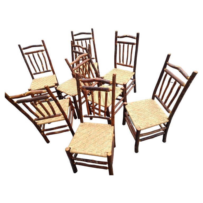 Set of 8 Old Hickory Style Adirondack Dining Chairs with Woven Seats