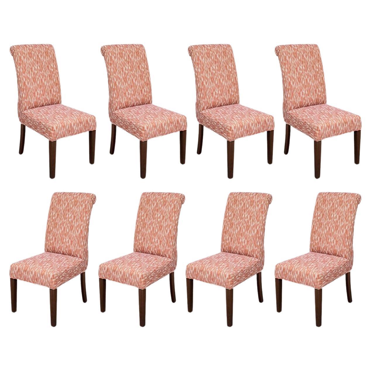 Set of 8 Orange and White Abstract Striped Print Roll Back Dining Chairs