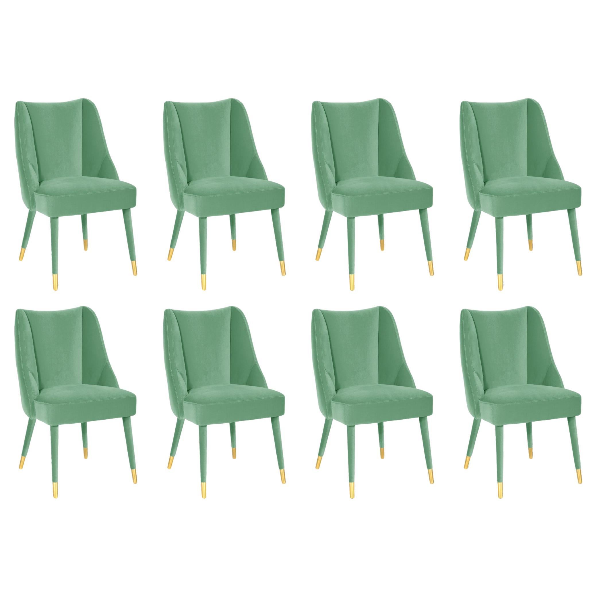 Set of 8 Organic turquoise velvet brass Figueroa dining chair by InsidherLand
