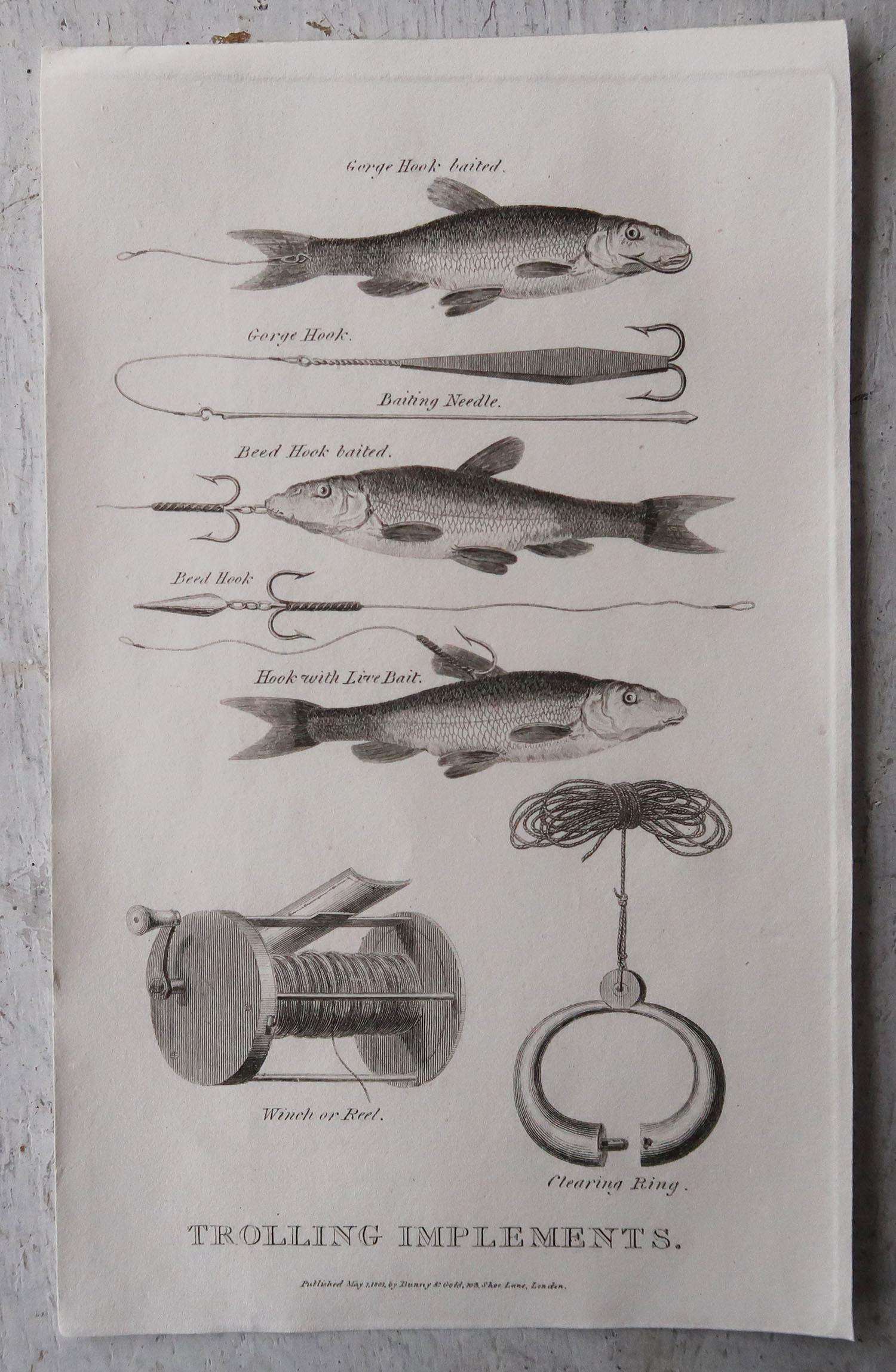 English Set of 8 Original Antique Fishing Prints, Dated 1801