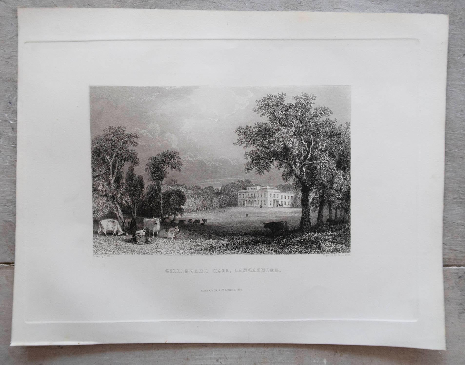 Conjunto de 15 Grabados Antiguos Originales de Casas de Campo y Jardines Ingleses, C.1830 Otro