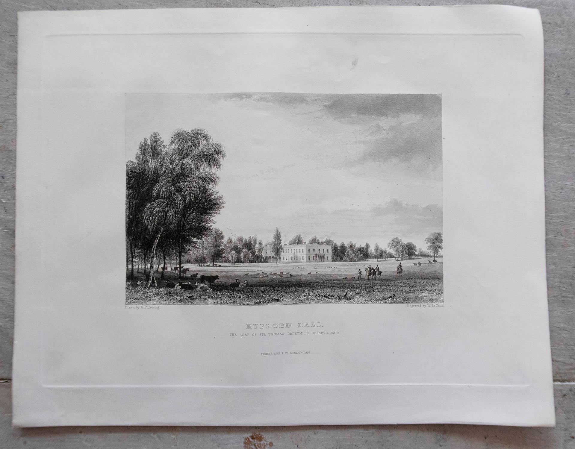 Conjunto de 15 Grabados Antiguos Originales de Casas de Campo y Jardines Ingleses, C.1830 Mediados del siglo XIX