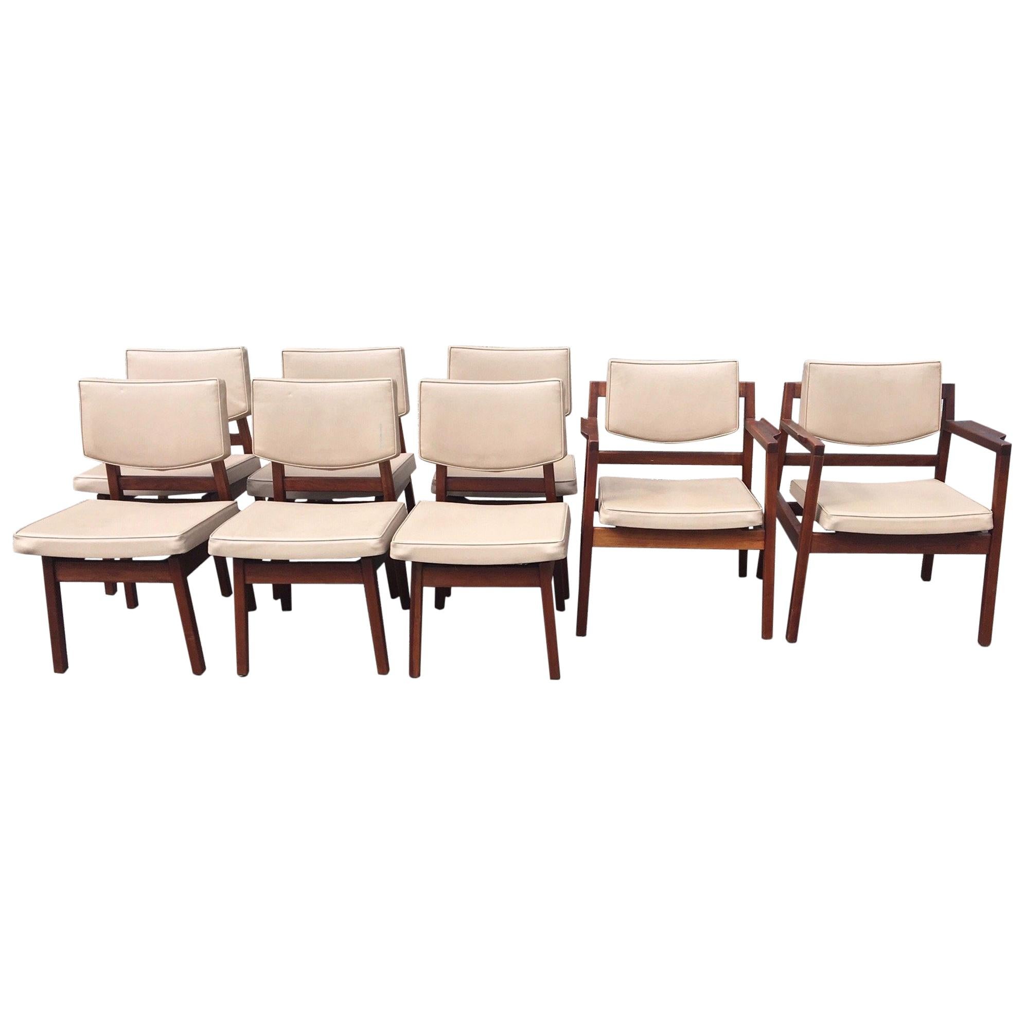 Set of 8 Original Jens Risom Walnut Dining Chairs in Original Leather Upholstery