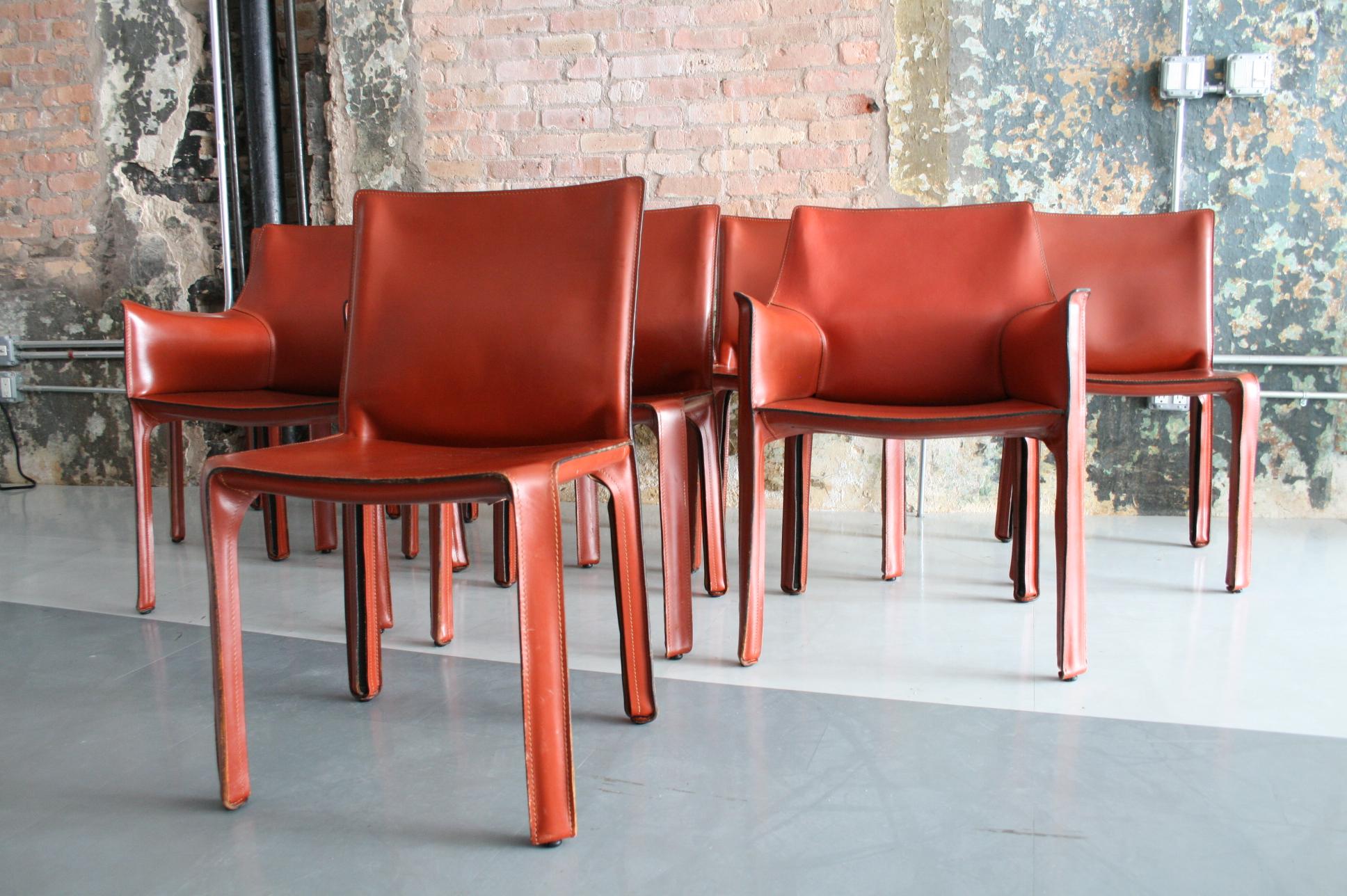 Mid-Century Modern Set of 8 Original Leather 'Cab' Chairs by Mario Bellini for Cassina Italy
