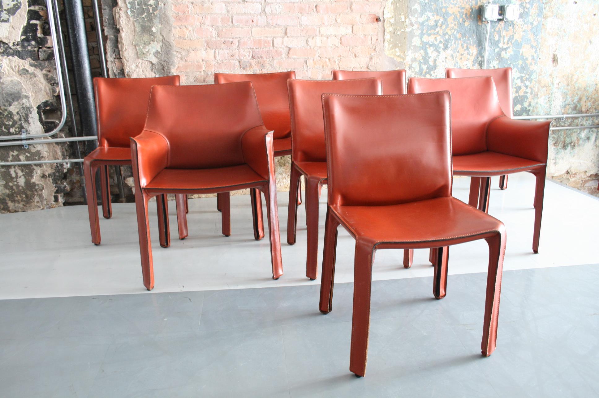 Italian Set of 8 Original Leather 'Cab' Chairs by Mario Bellini for Cassina Italy