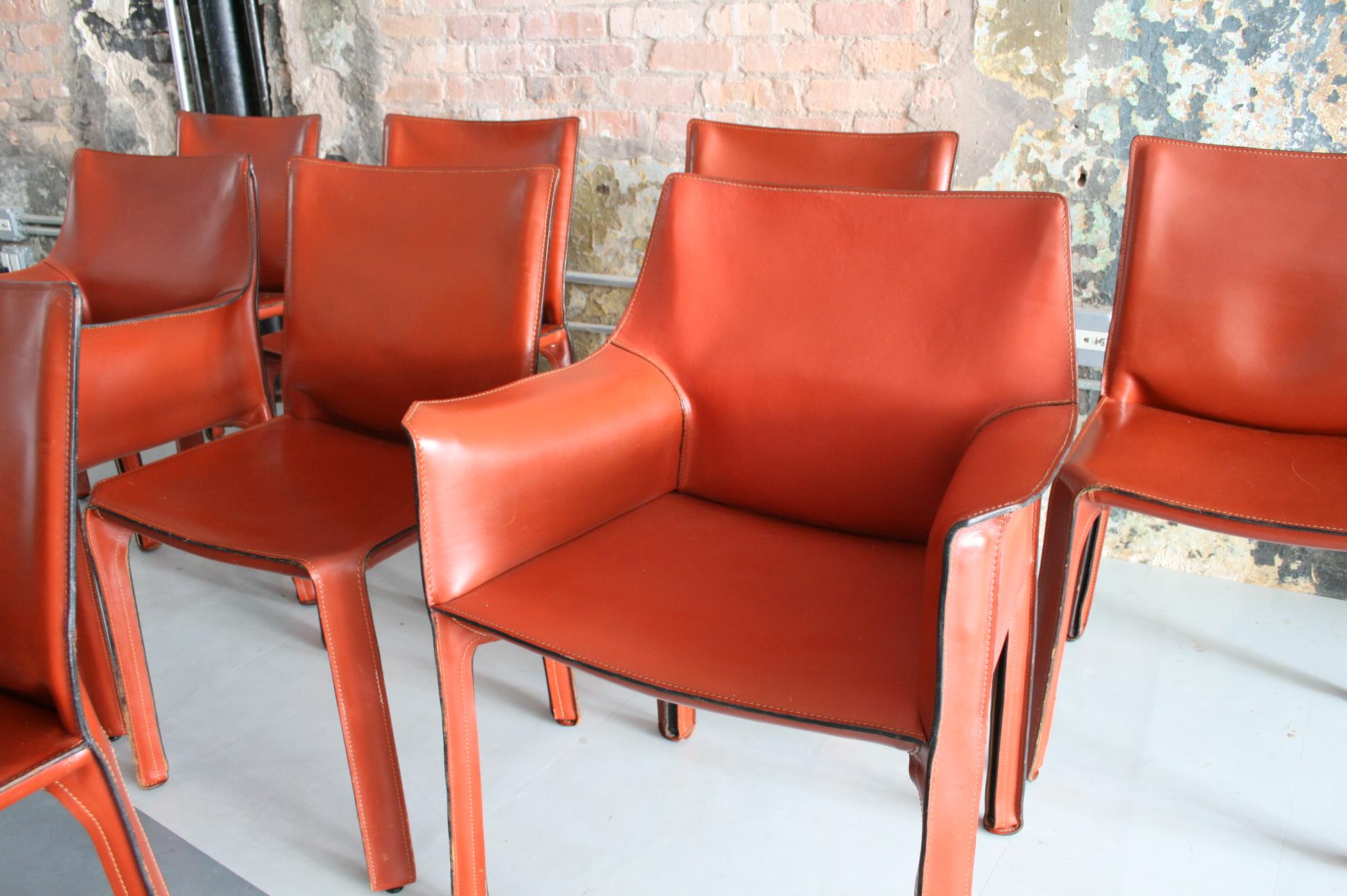 Set of 8 Original Leather 'Cab' Chairs by Mario Bellini for Cassina Italy In Good Condition In Chicago, IL