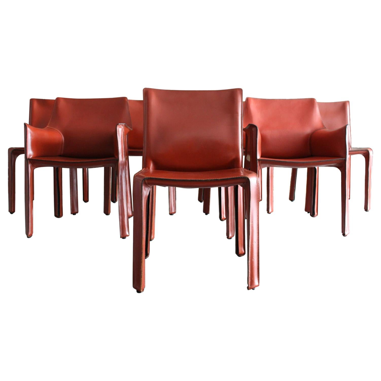 Set of 8 Original Leather 'Cab' Chairs by Mario Bellini for Cassina Italy