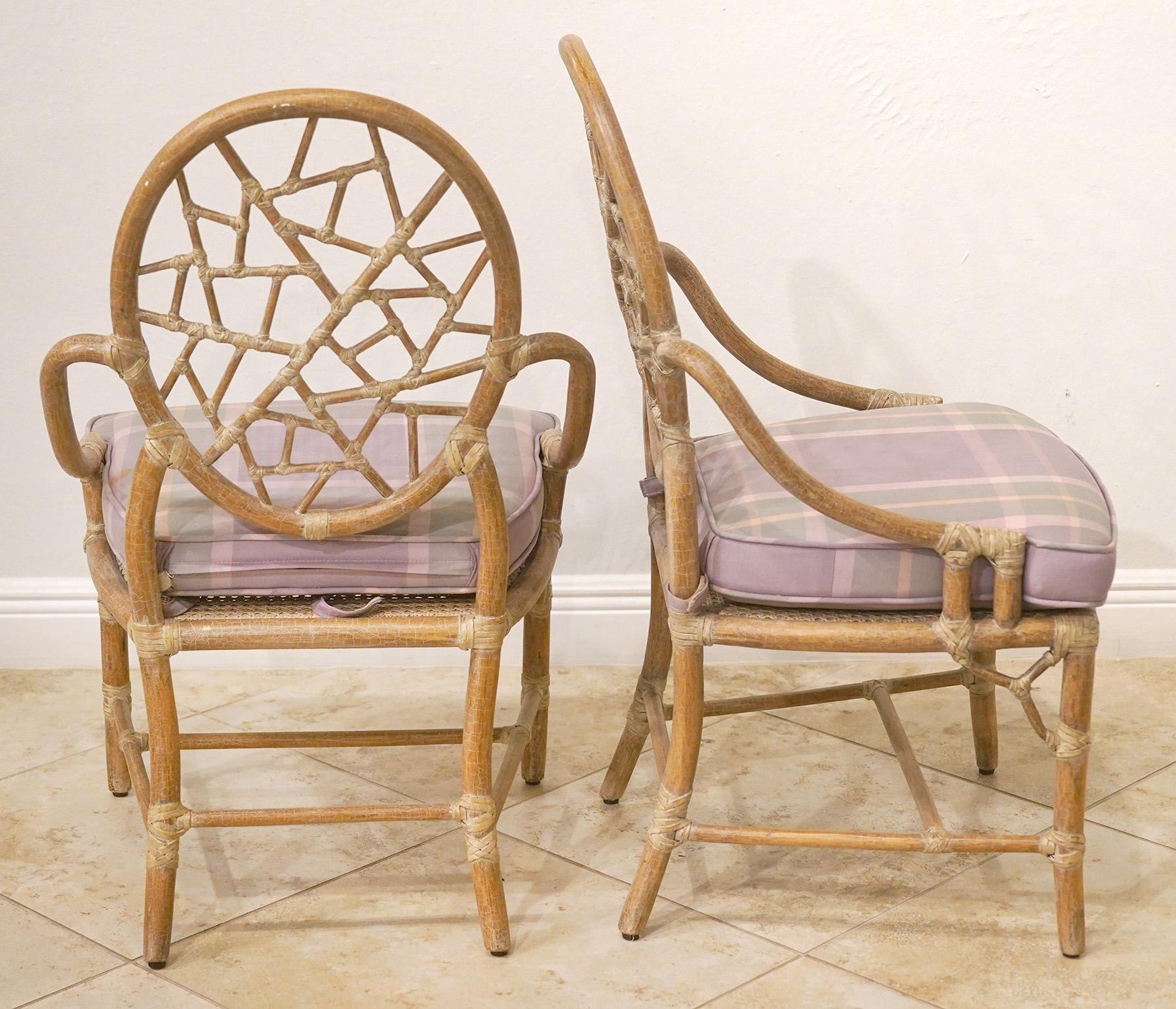 Wood Set of 8 Original McGuire “Cracked Ice” Arm Chairs