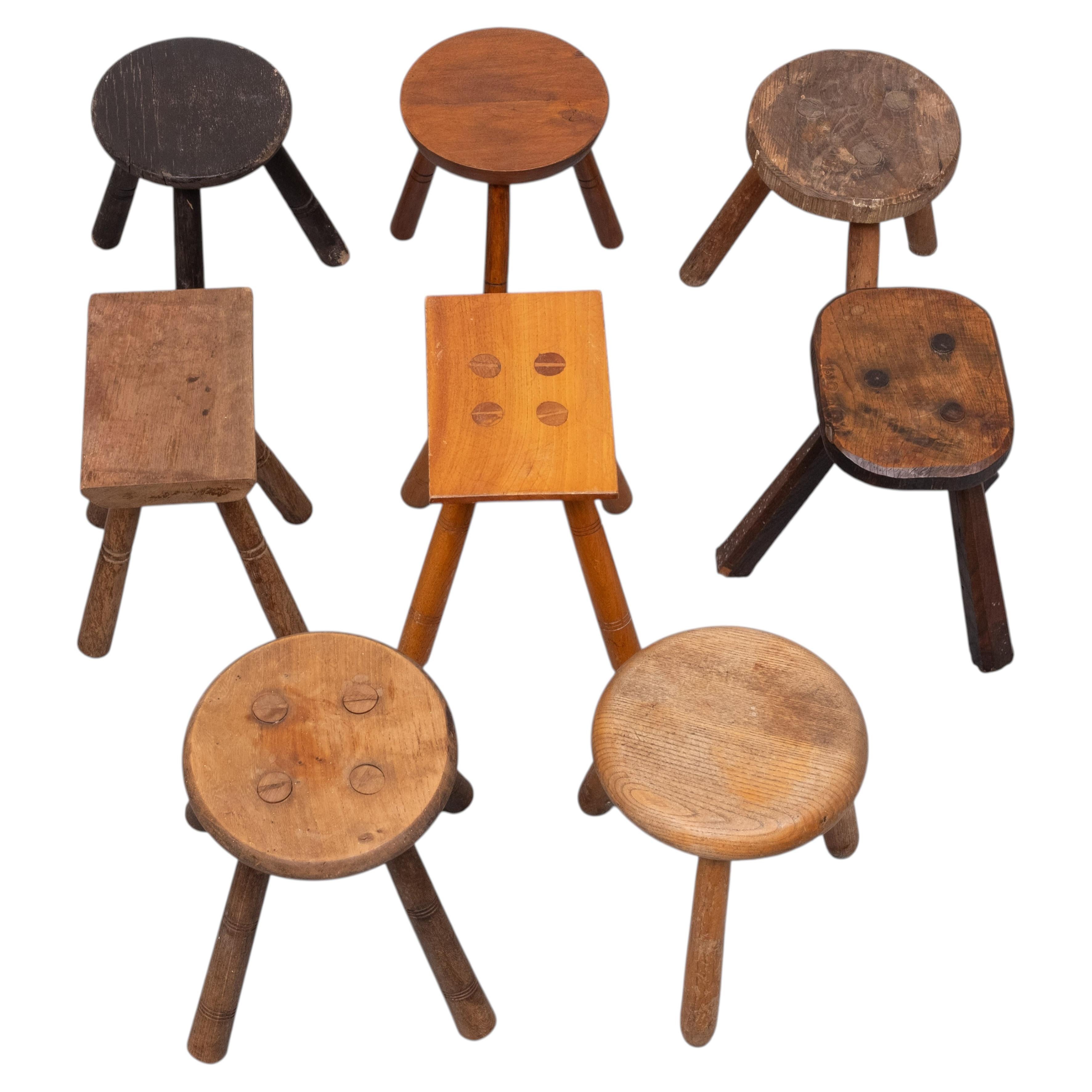 Set of 8 Mid-Century Modern Milk Stools in Oak and Beech Wood For Sale