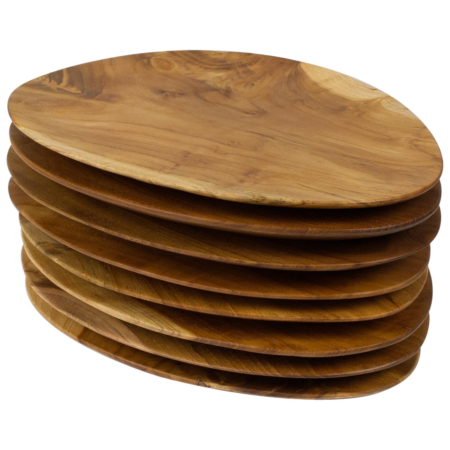 Set of 8 Oval Shaped Solid Teak Trays or Serving Plates, Hand Carved For Sale