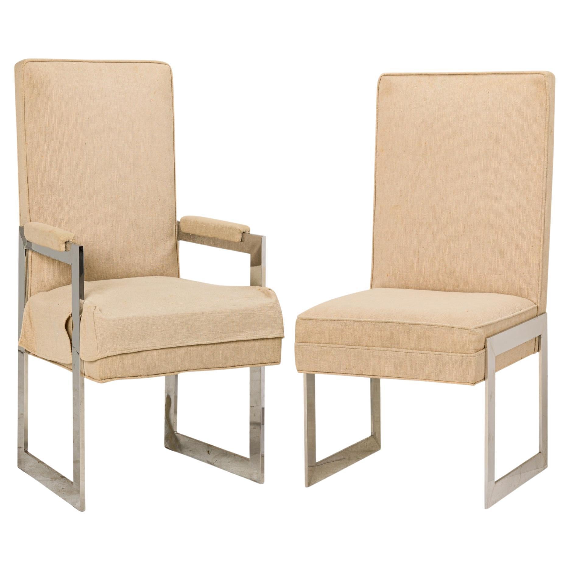 Set of 8 Pace Collection Aluminum and Beige Upholstery Dining Chairs For Sale