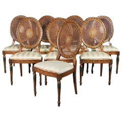 Set of 8 Paint Decorated English Adams Style Oval Back Cane Dining Chairs C1940