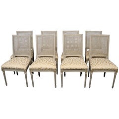 Antique Set of 8 Paint Decorated French Louis XVI Cane Back Dining Chairs, circa 1920s