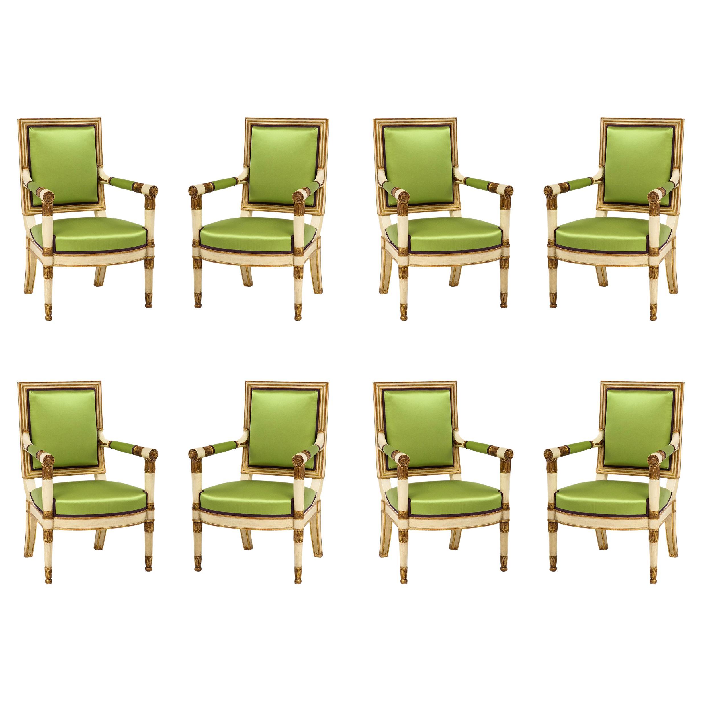 Set of 8 Painted and Gilt Empire Armchairs For Sale