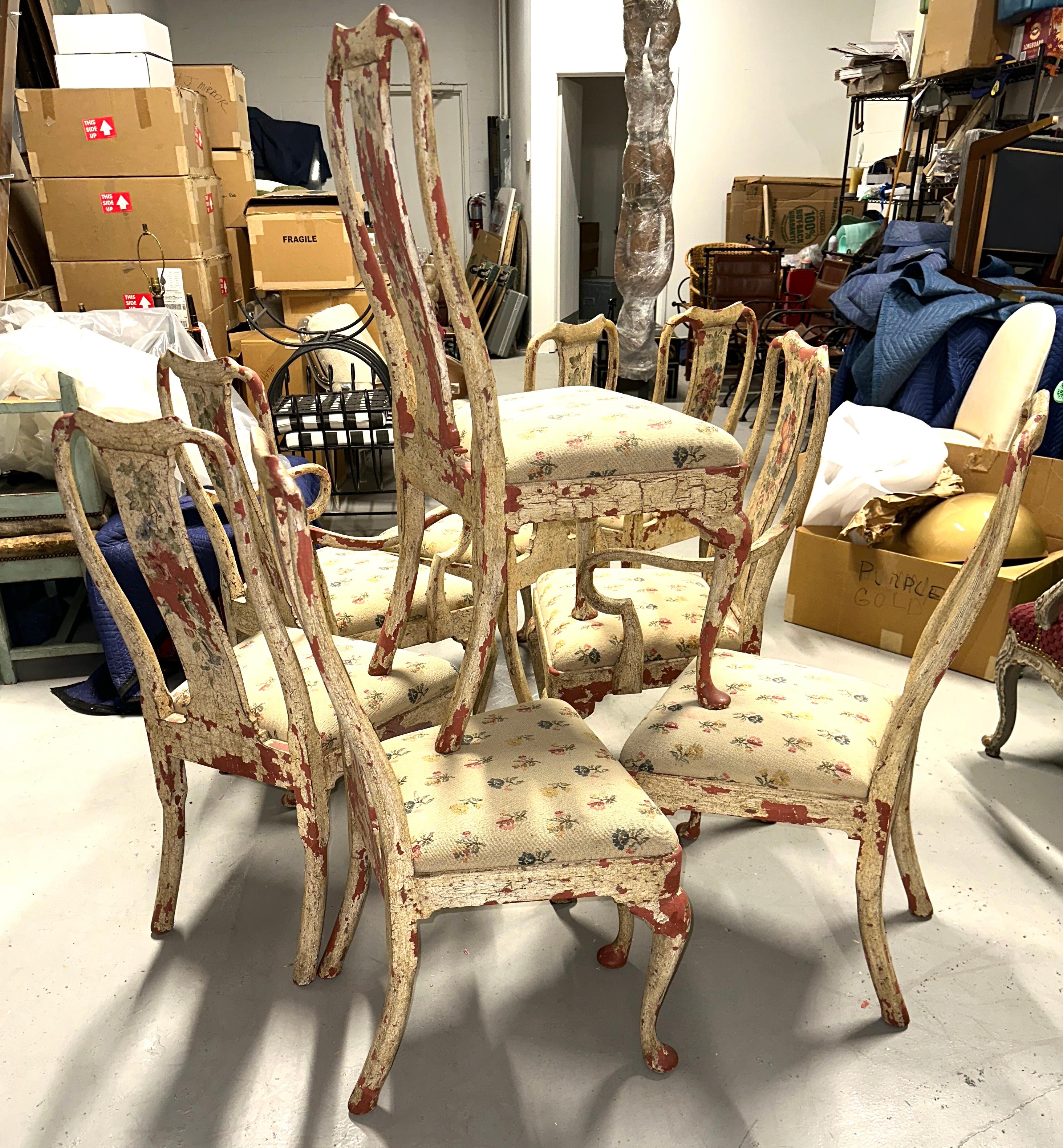 Set of 8 Painted Chippy Dining Chairs with Needlepoint Floral Seats For Sale 3