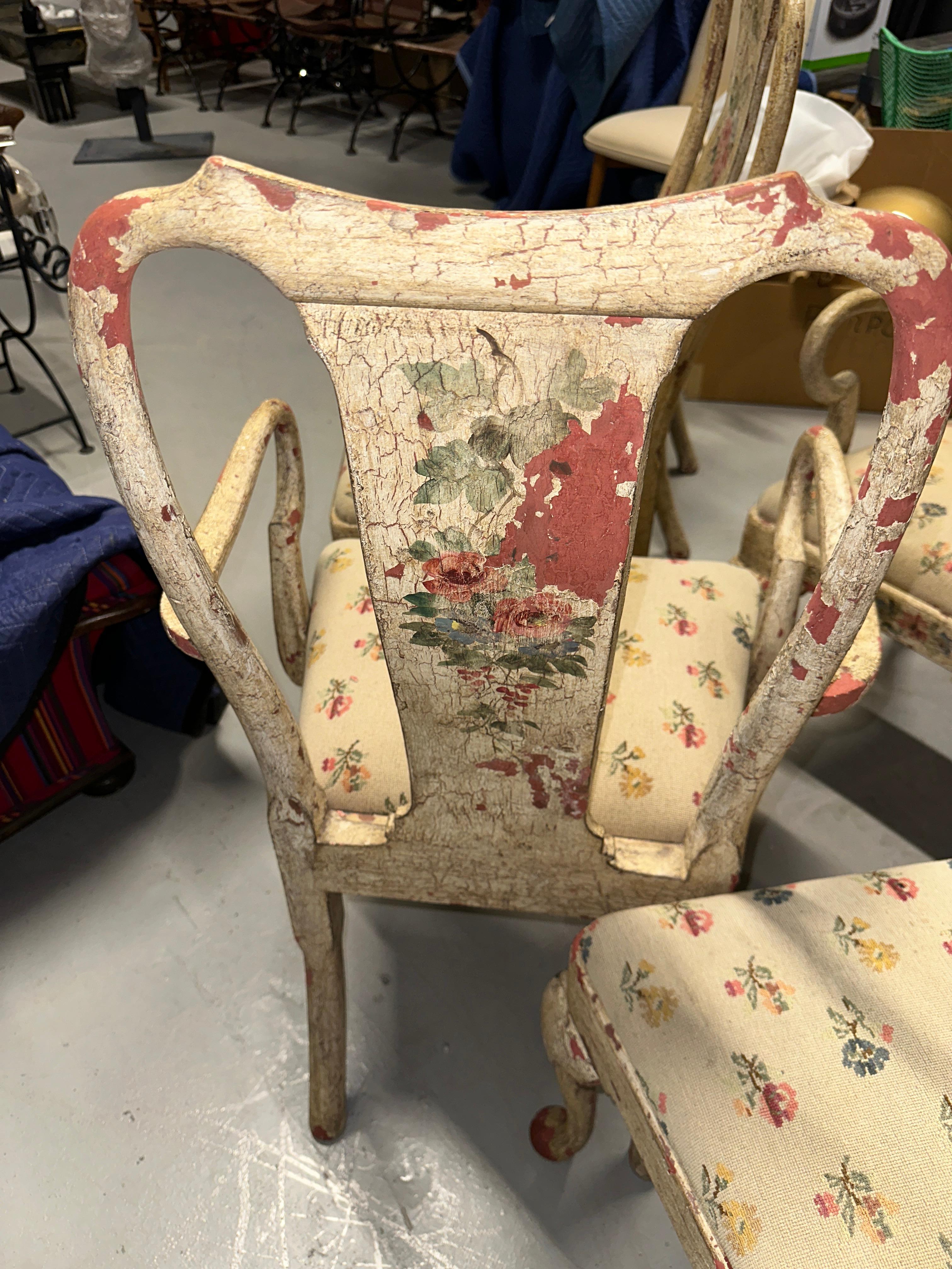 Set of 8 Painted Chippy Dining Chairs with Needlepoint Floral Seats For Sale 6