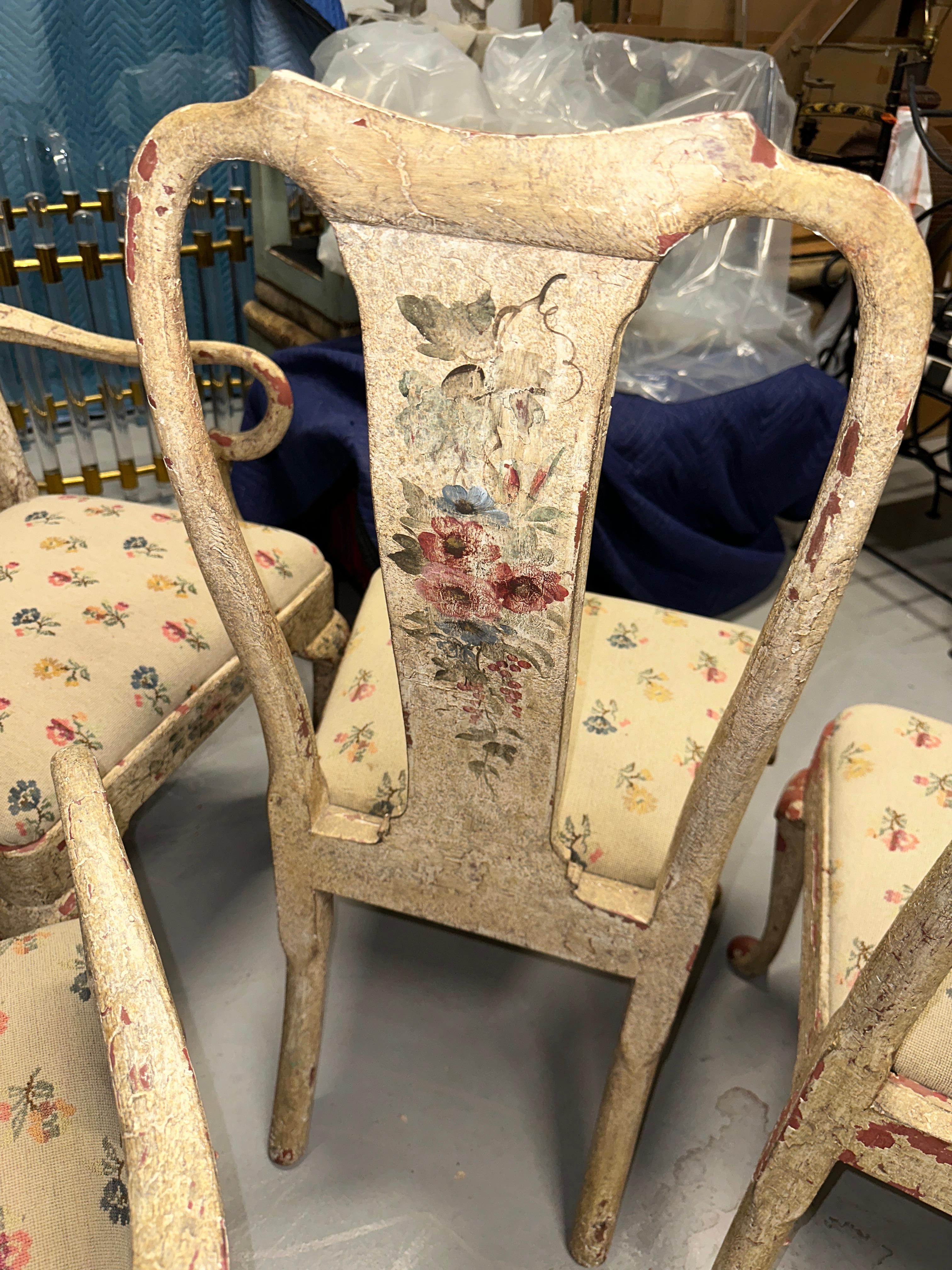 Set of 8 Painted Chippy Dining Chairs with Needlepoint Floral Seats For Sale 9