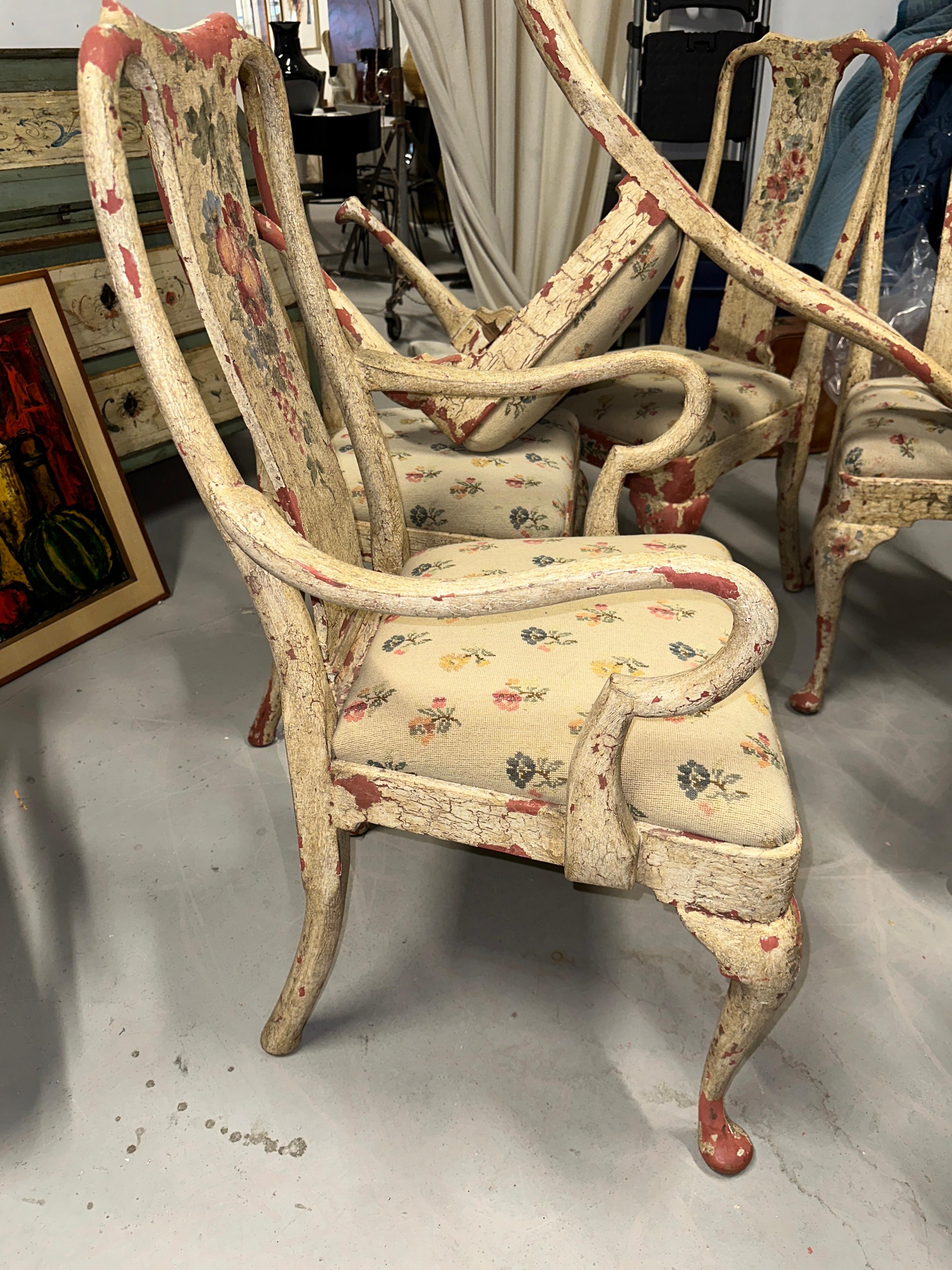 Set of 8 Painted Chippy Dining Chairs with Needlepoint Floral Seats For Sale 10