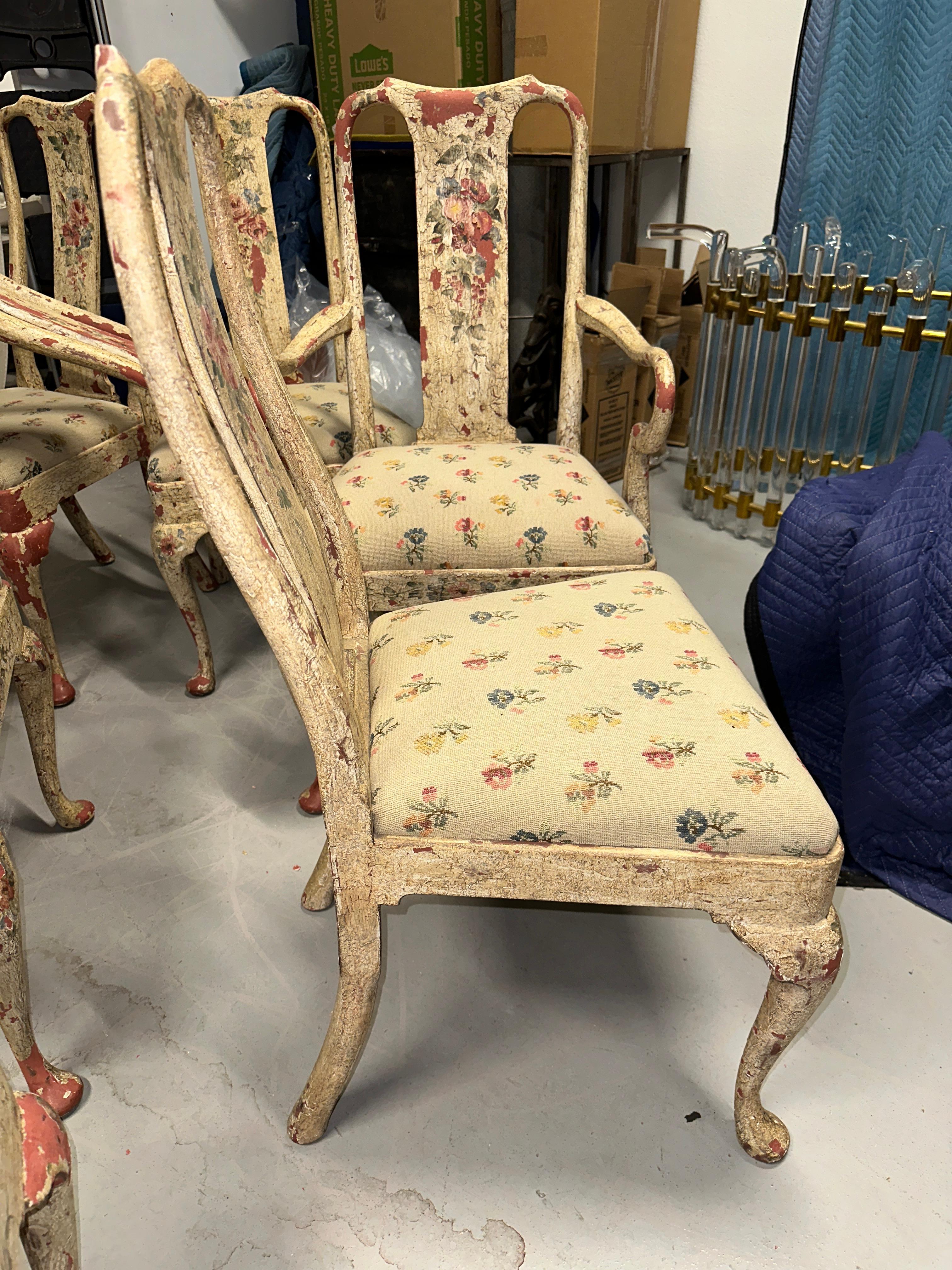 Set of 8 Painted Chippy Dining Chairs with Needlepoint Floral Seats For Sale 11
