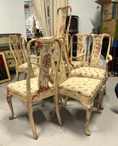 Set of 8 Painted Chippy Dining Chairs with Needlepoint Floral Seats