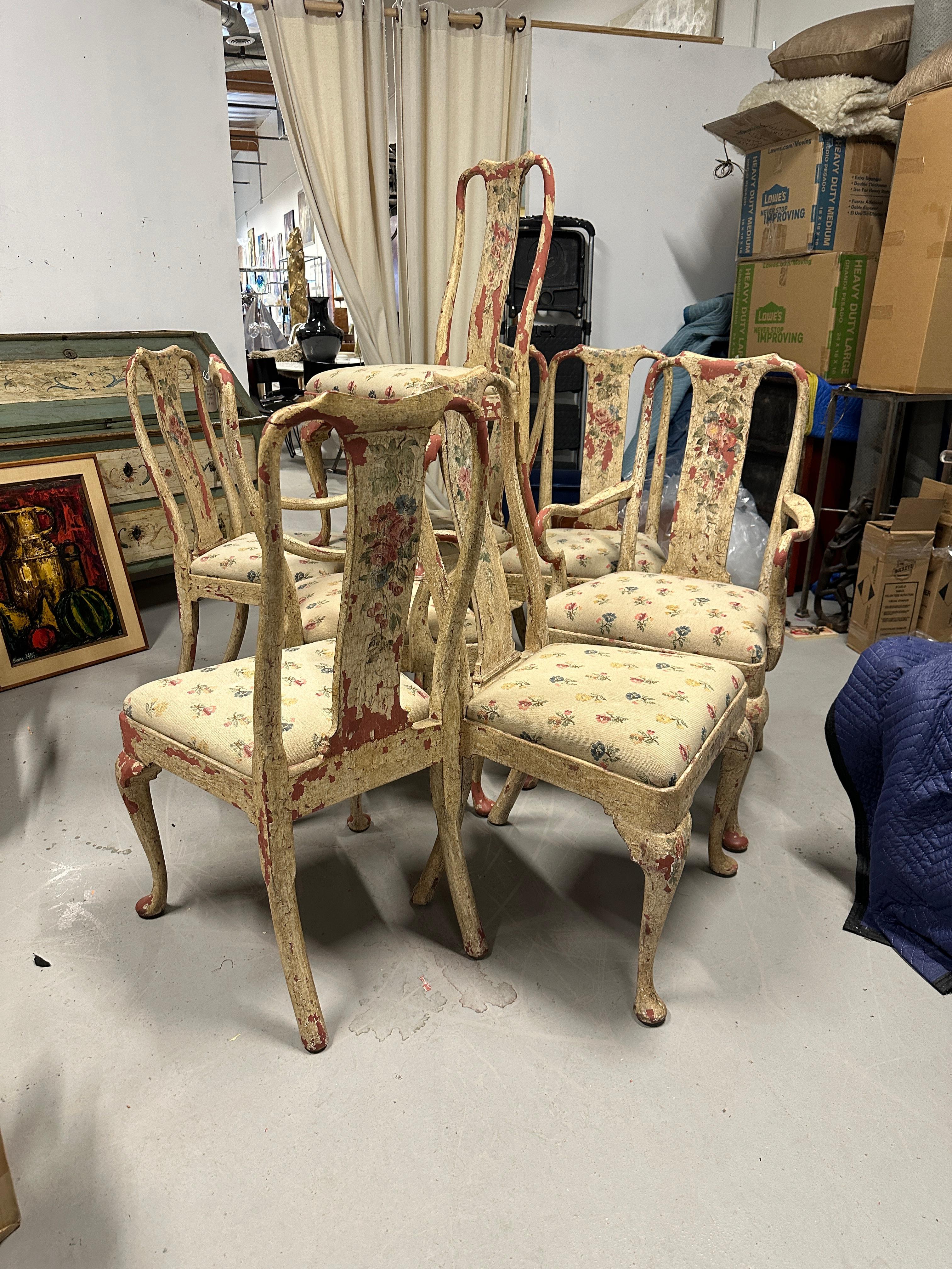 Set of 8 Painted Chippy Dining Chairs with Needlepoint Floral Seats For Sale 13