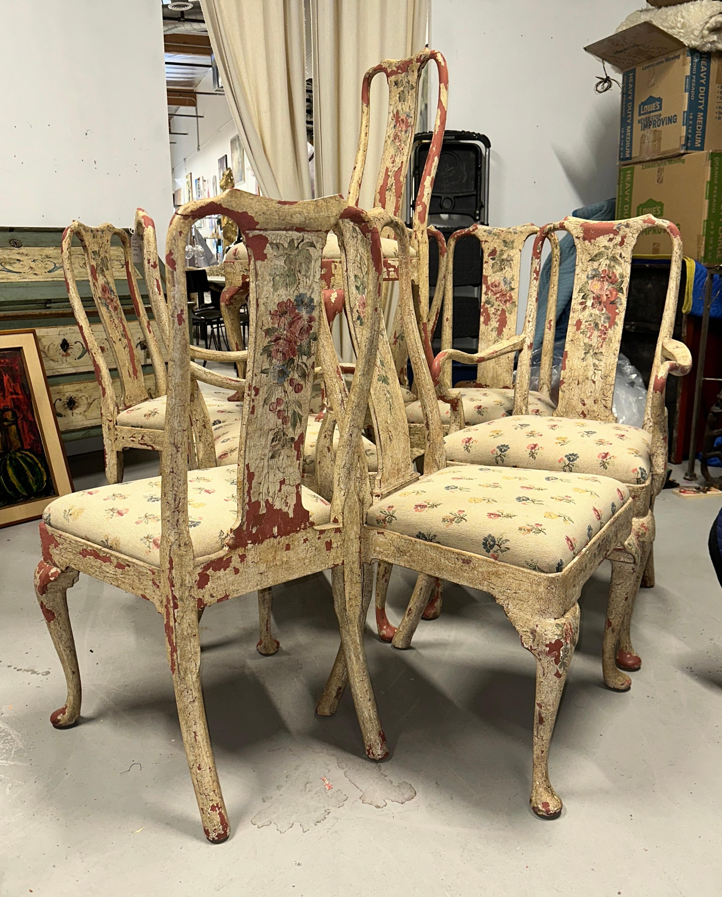 Unknown Set of 8 Painted Chippy Dining Chairs with Needlepoint Floral Seats For Sale