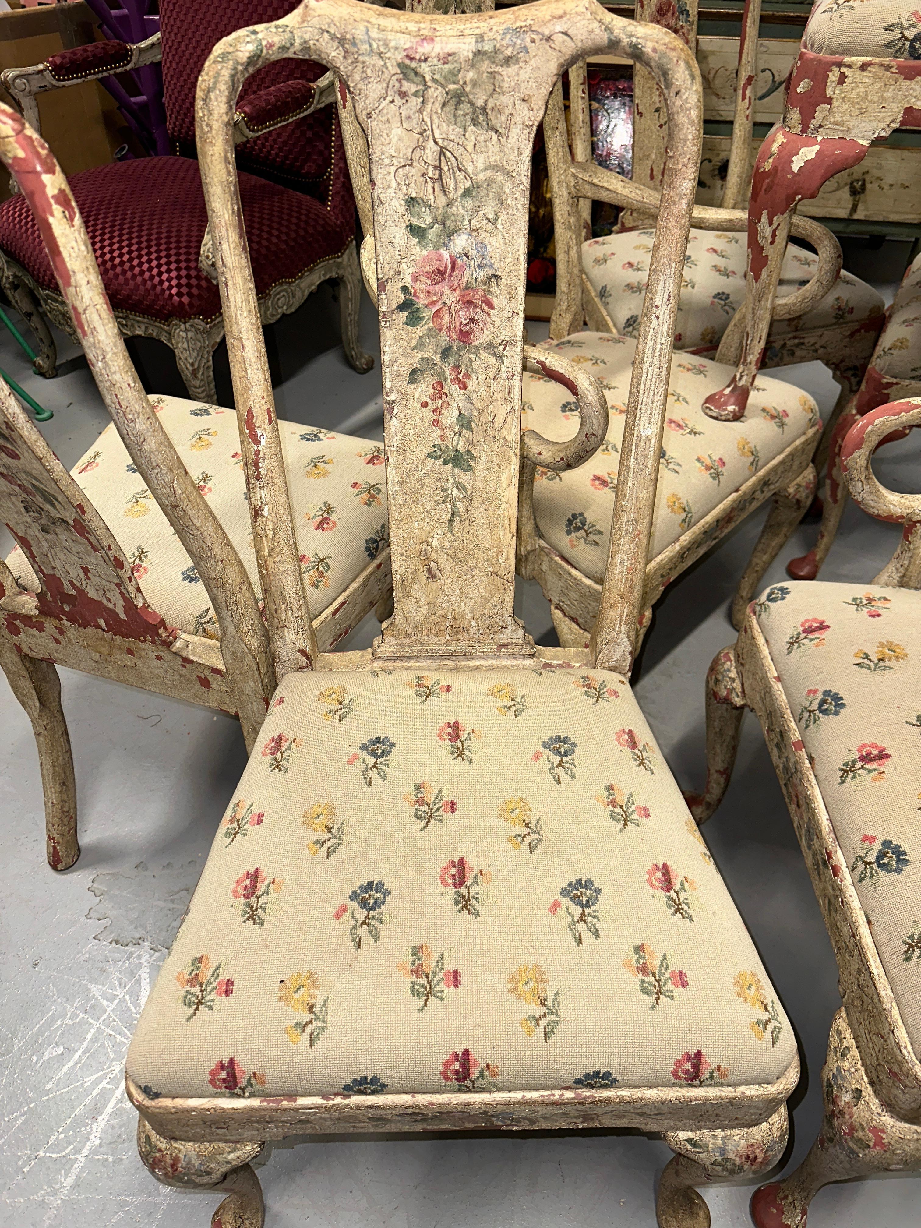 Hand-Crafted Set of 8 Painted Chippy Dining Chairs with Needlepoint Floral Seats For Sale