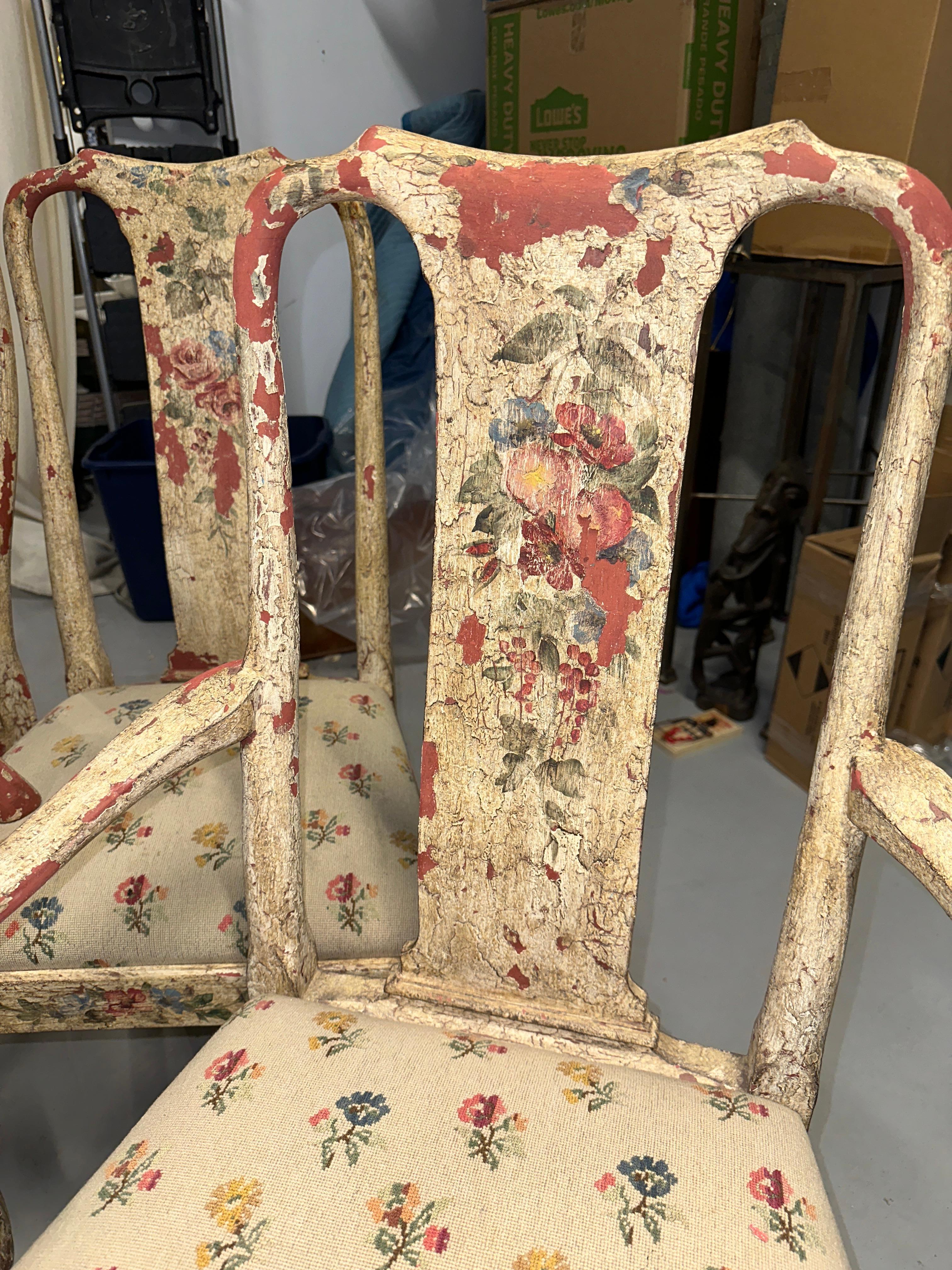 Set of 8 Painted Chippy Dining Chairs with Needlepoint Floral Seats In Good Condition For Sale In Palm Springs, CA