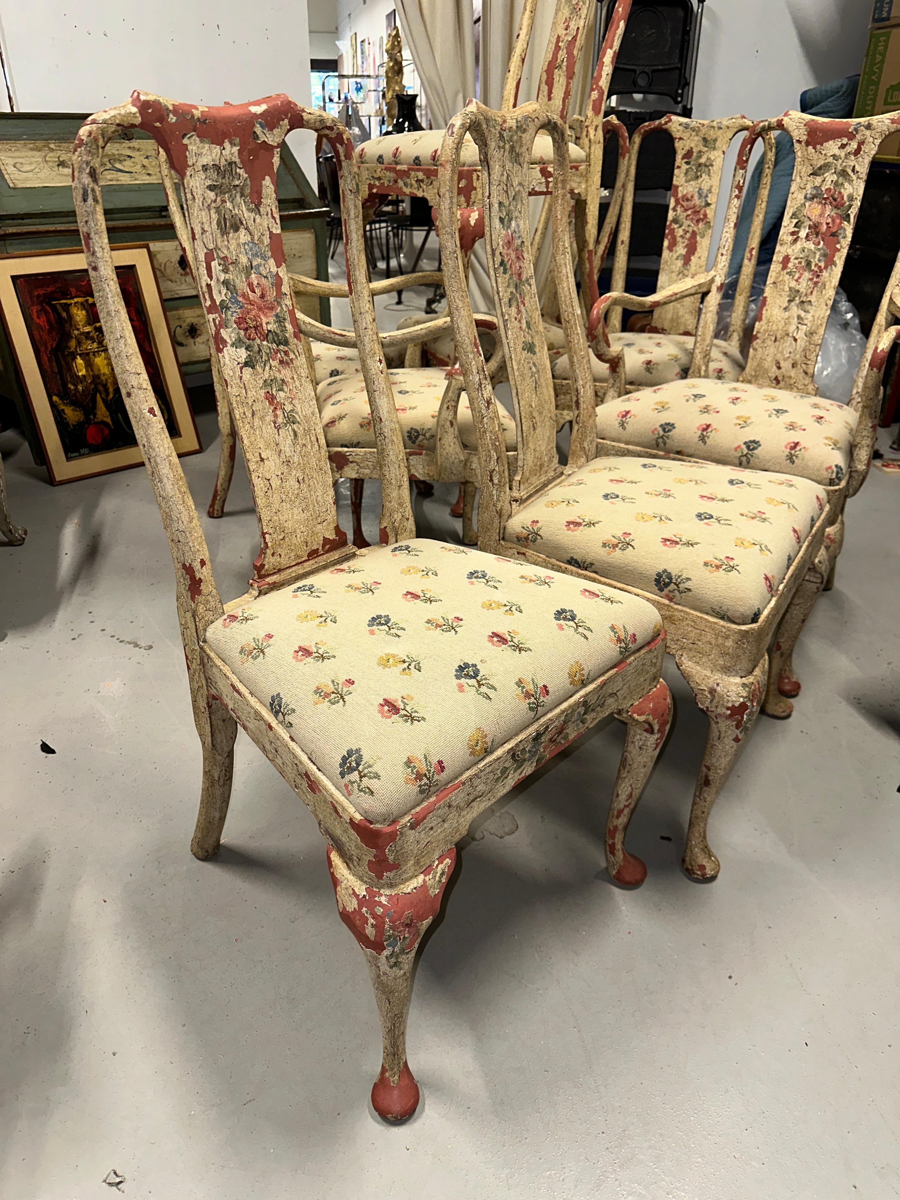 20th Century Set of 8 Painted Chippy Dining Chairs with Needlepoint Floral Seats For Sale