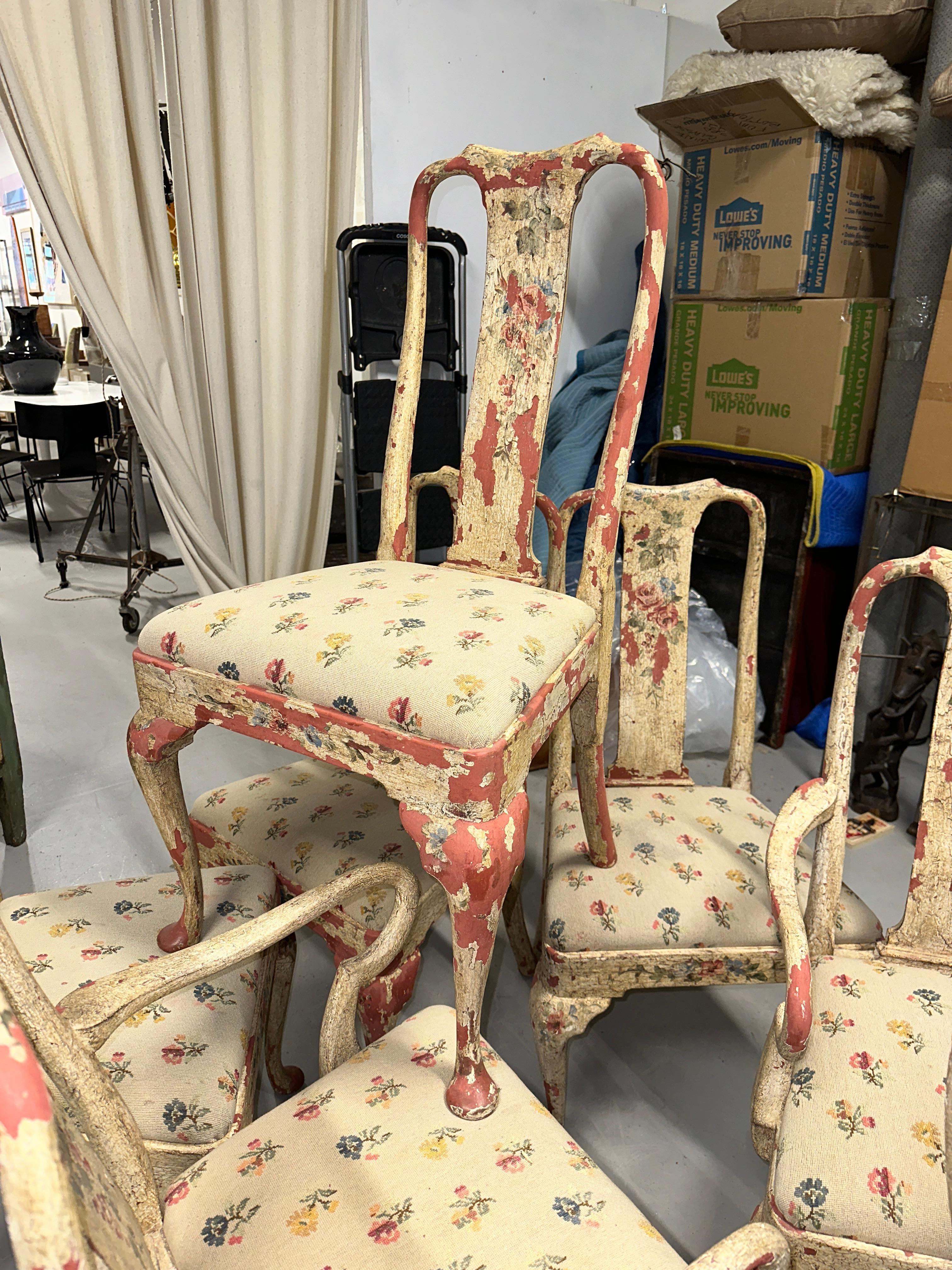 Set of 8 Painted Chippy Dining Chairs with Needlepoint Floral Seats For Sale 1