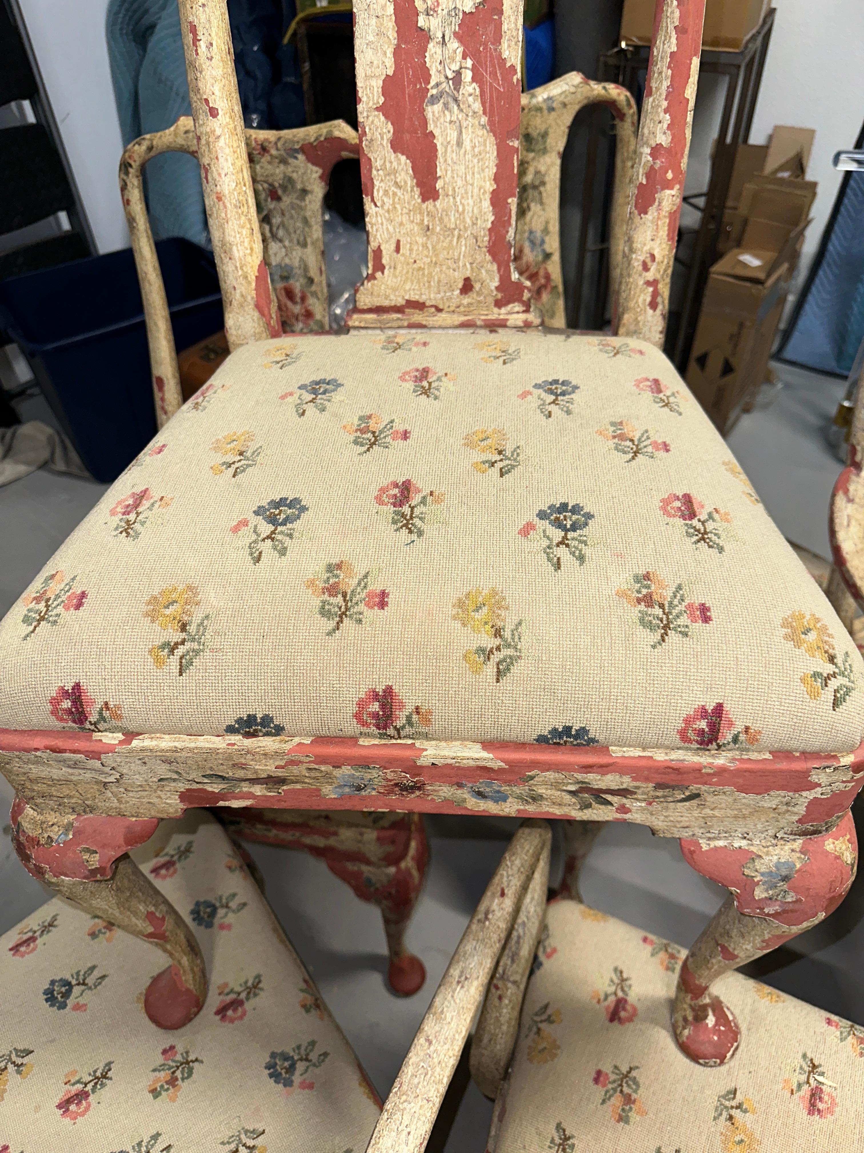 Set of 8 Painted Chippy Dining Chairs with Needlepoint Floral Seats For Sale 2