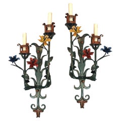 Set von 8 bemalten, geblümten Wandleuchtern, verkauft in Paaren