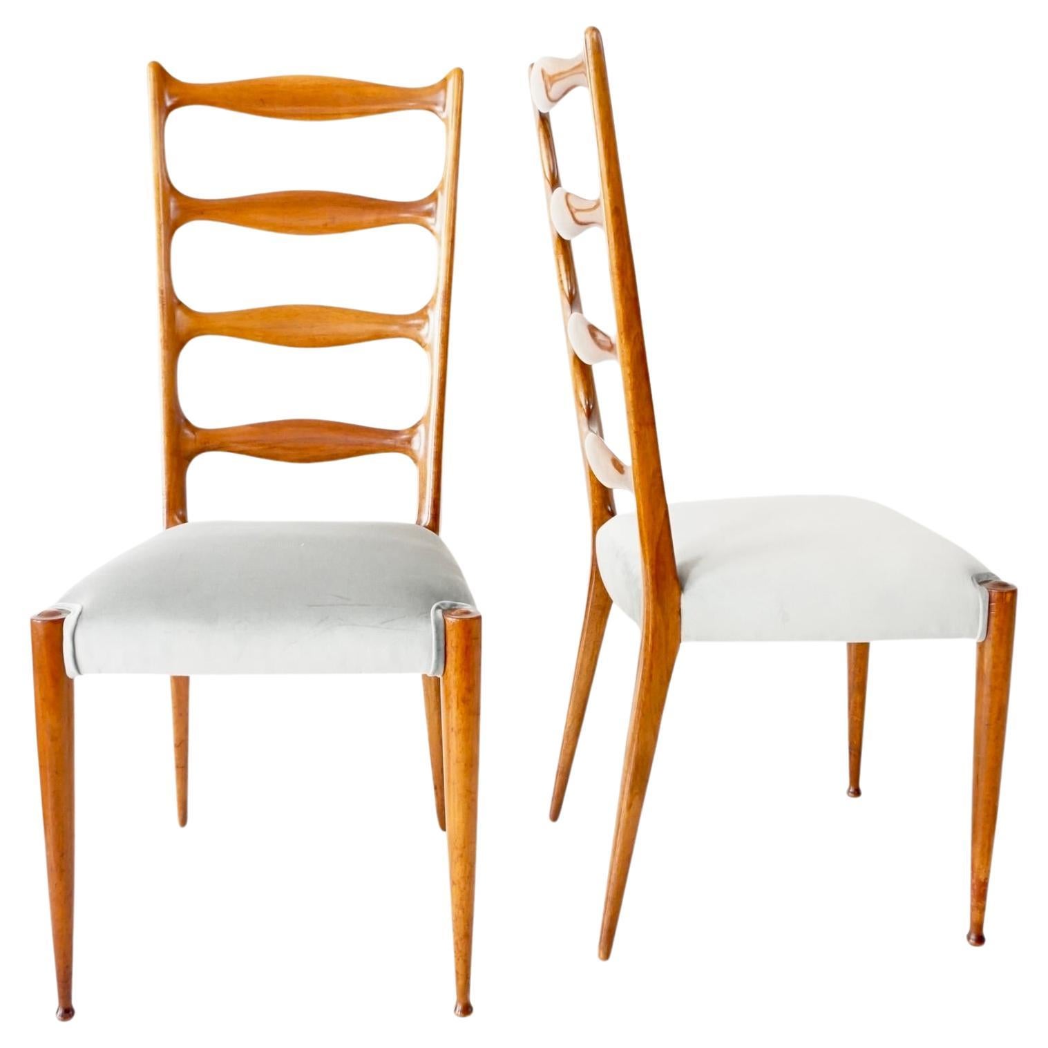 set of 8 Paolo Buffa fine high dining chairs, walnut and velvet, 1950