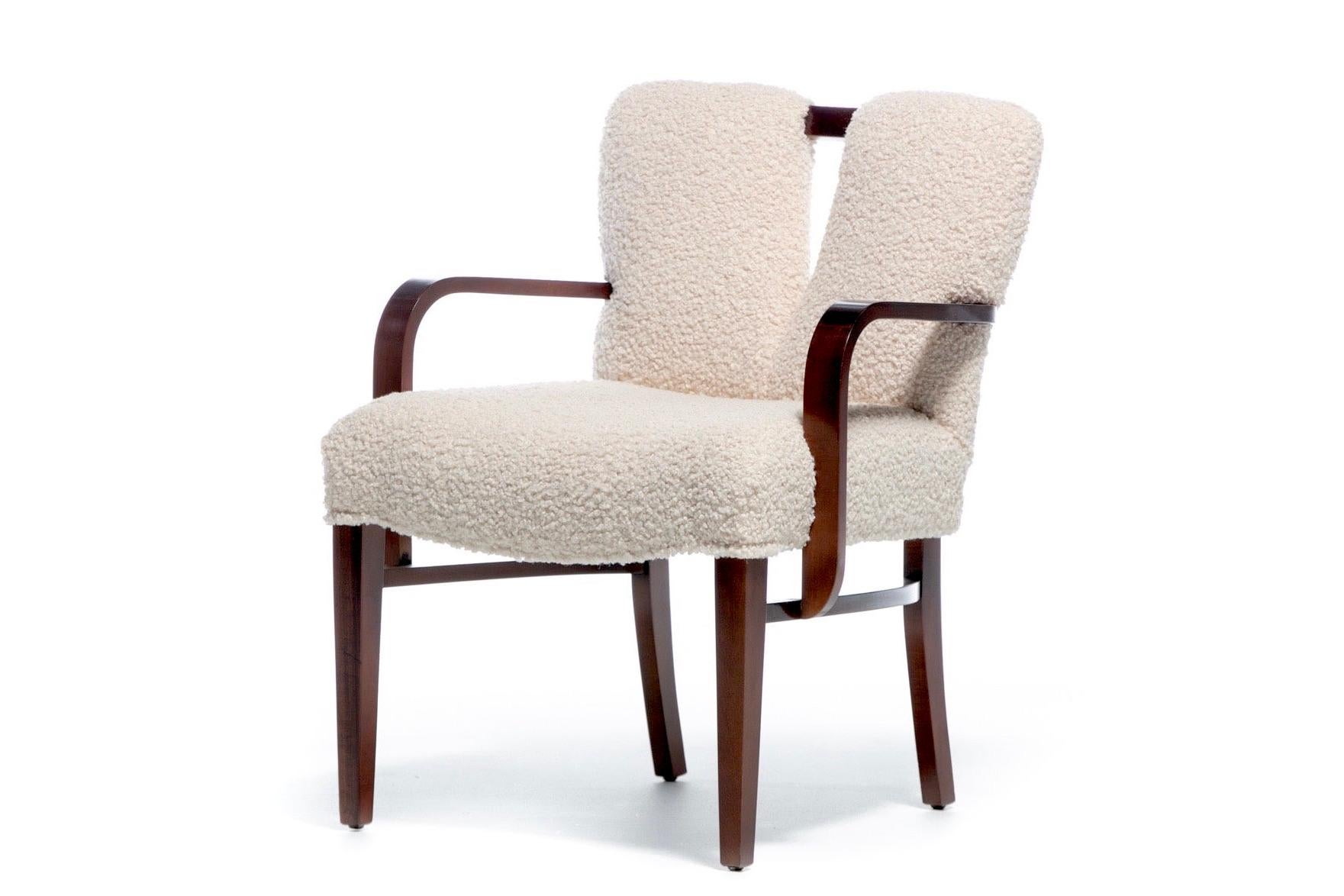 Mid-Century Modern Set of 8 Paul Frankl Corset Back Dining Armchairs in Ivory White Bouclé, c. 1950