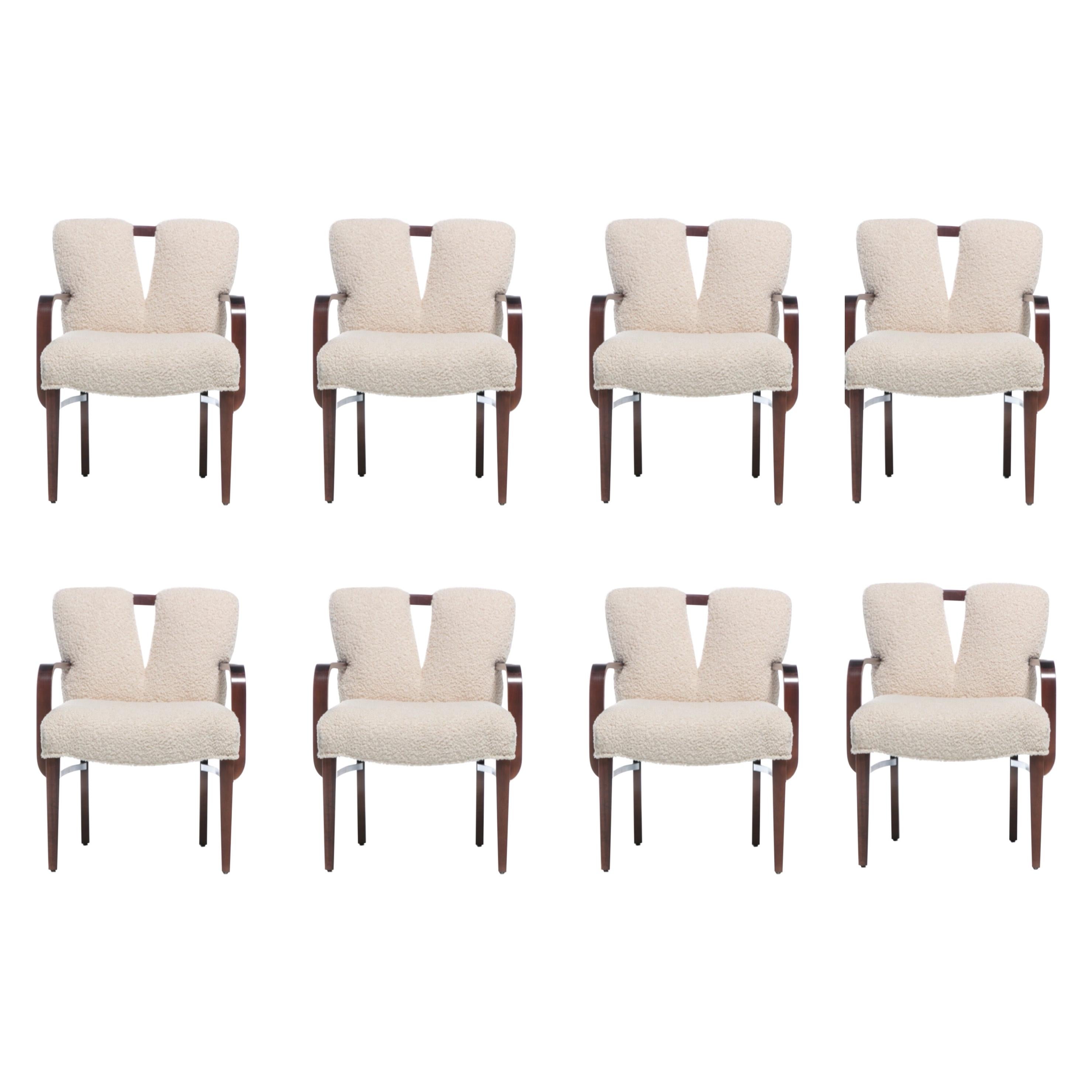 Set of 8 Paul Frankl Corset Back Dining Armchairs in Ivory White Bouclé, c. 1950