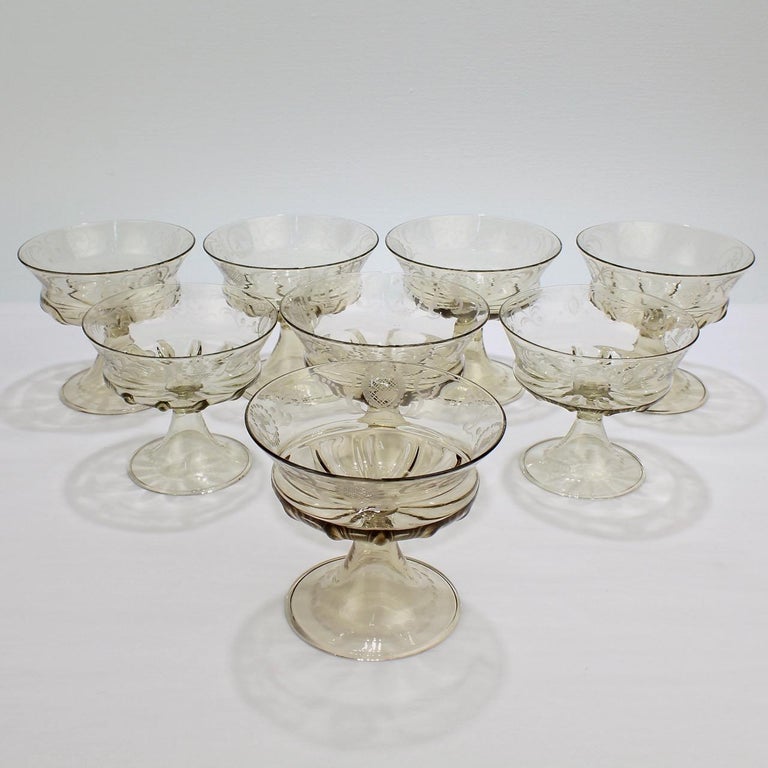Renaissance Revival Set of 8 Pauly & Co Light Amber Etched Venetian or Murano Glass Dessert Bowls For Sale