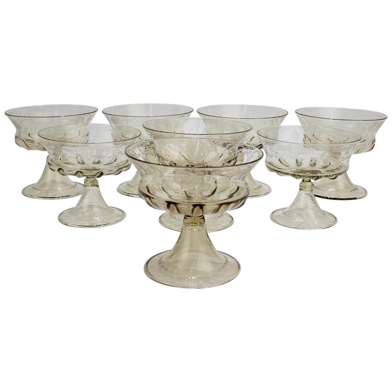 Set of 8 Pauly & Co Light Amber Etched Venetian or Murano Glass Dessert Bowls For Sale