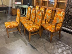 Set of 8 Pecan Dining Chairs with Jack Lenor Larsen Fabric
