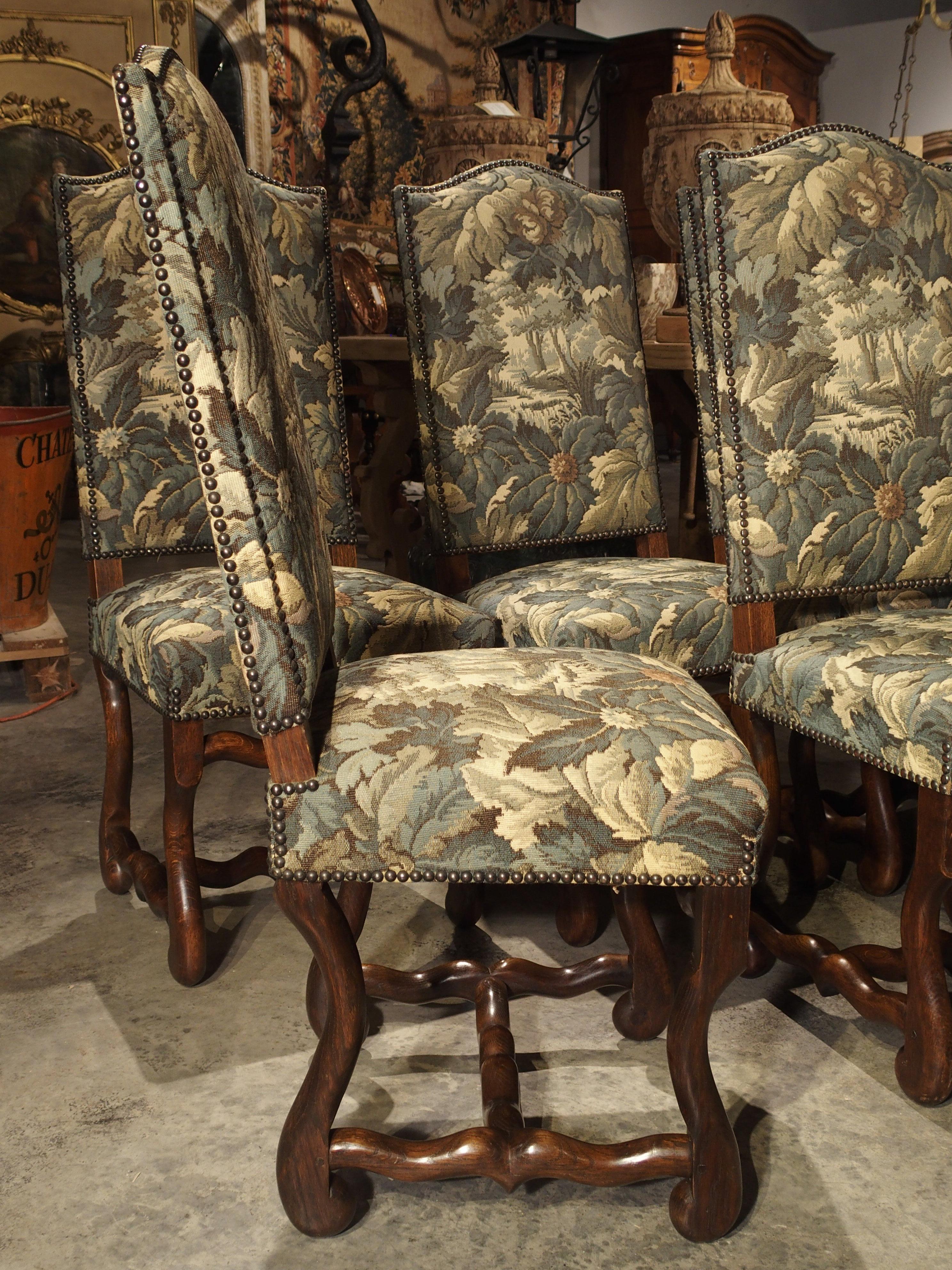 Louis XIII Set of 8 Pegged Oak and Tapestry Covered French Os De Mouton Dining Chairs