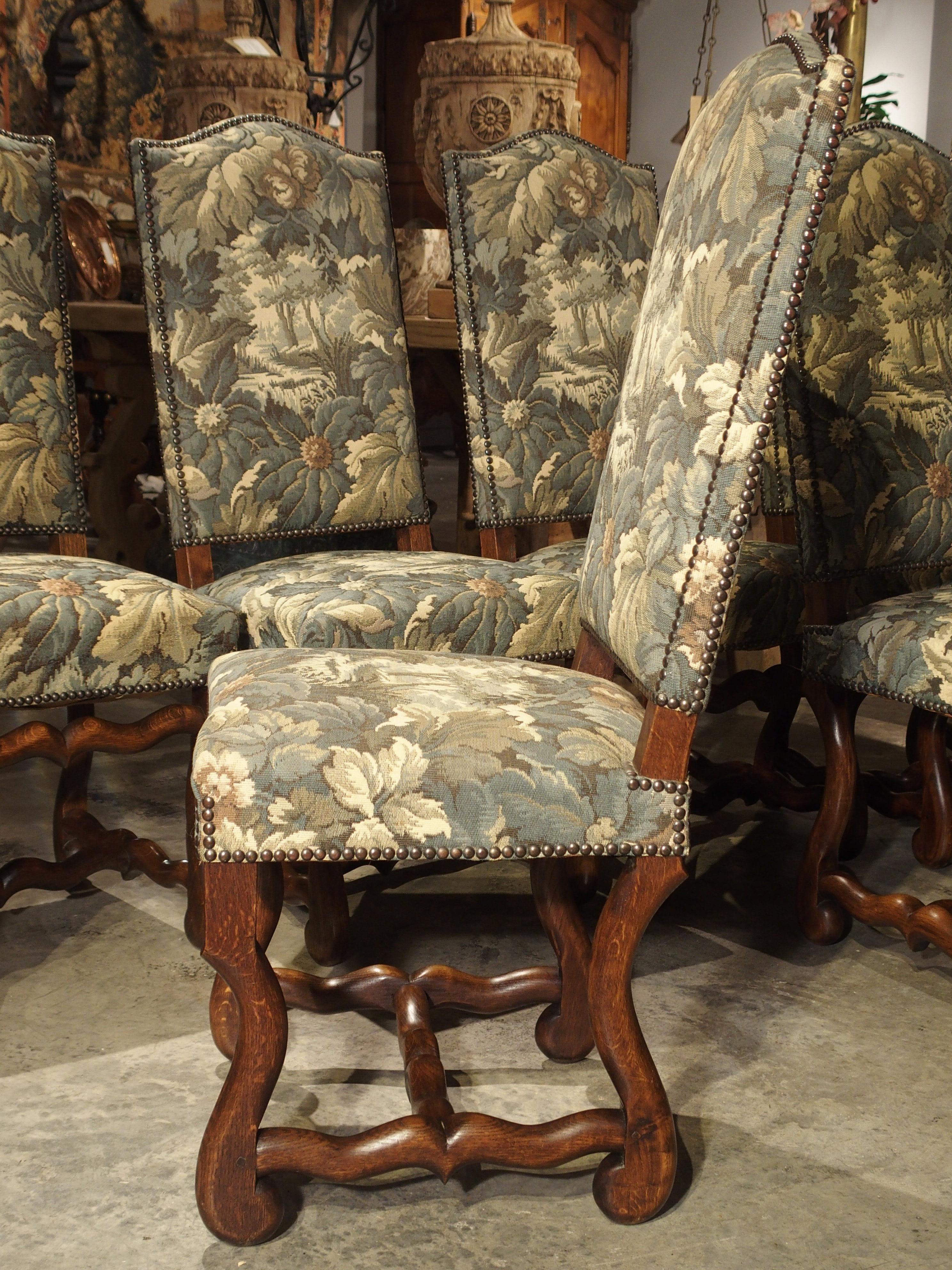 Brass Set of 8 Pegged Oak and Tapestry Covered French Os De Mouton Dining Chairs