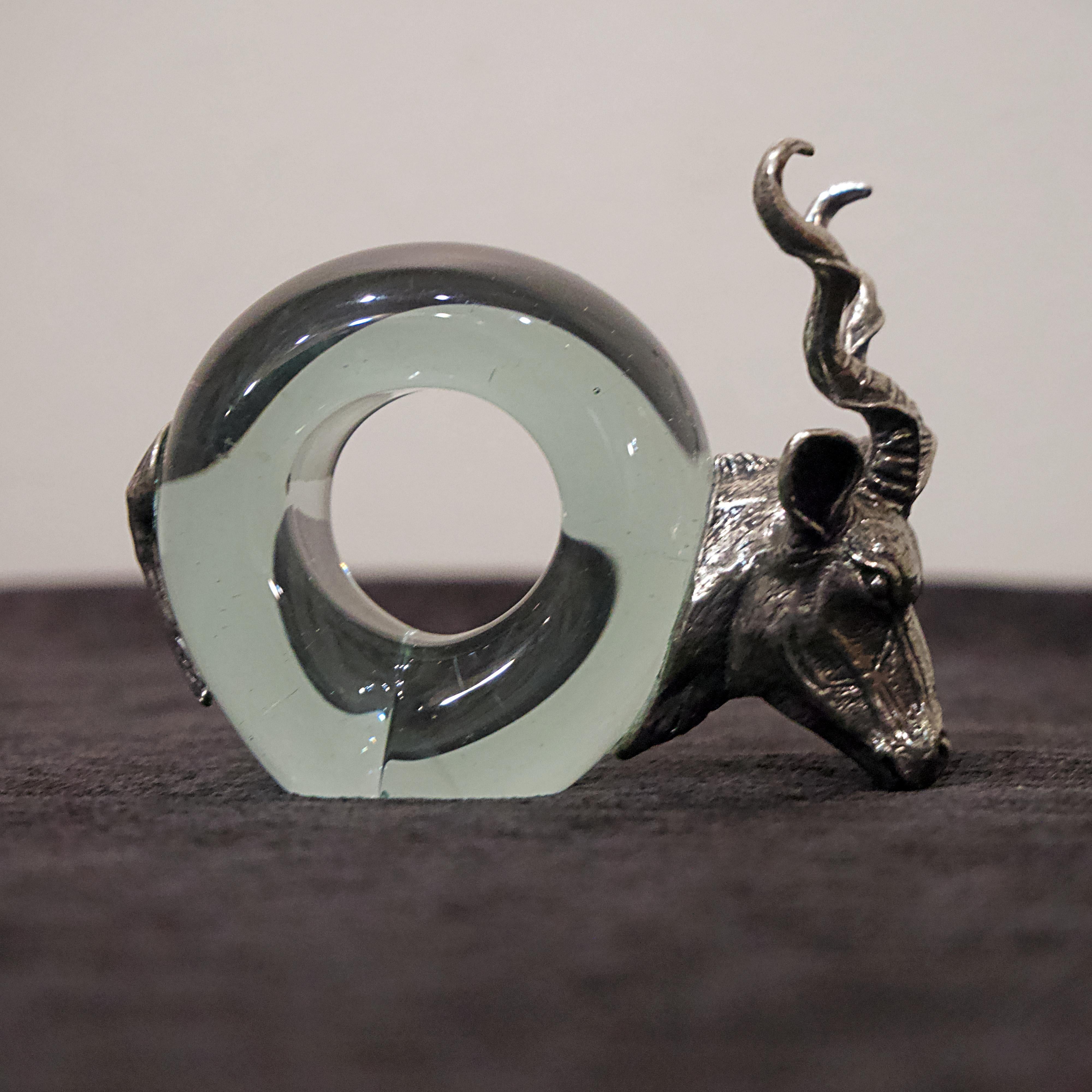 Contemporary Set of 8 Pewter and Glass Animal Napkin Rings